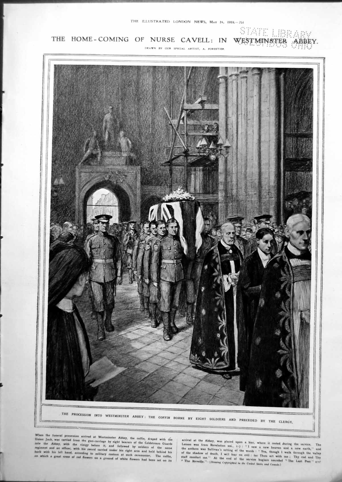 Old Print Nurse Cavell Procession In Westminster Abbey King Albert 1919 20th