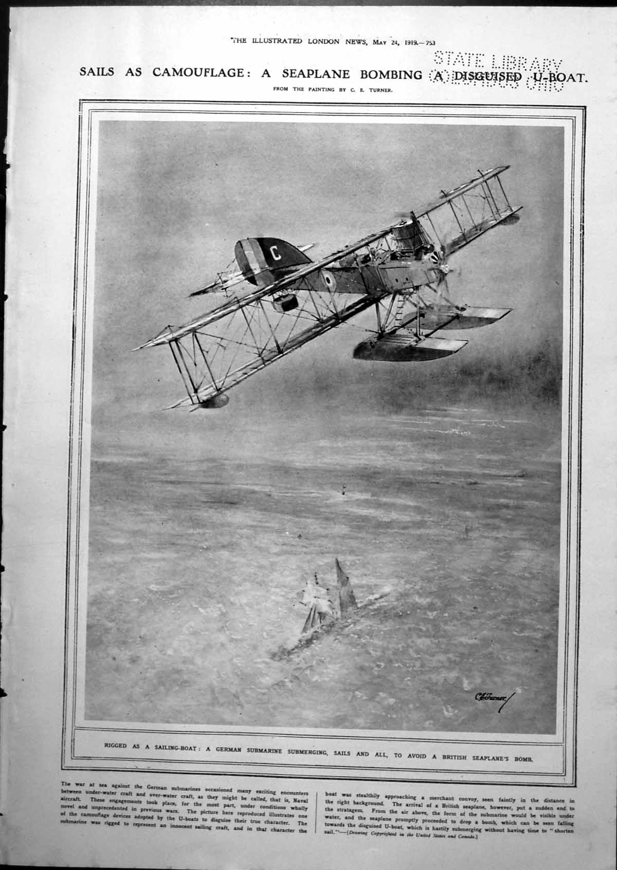 Antique Print German Submarine Rigged As Sailing Boat Channel Patrol 1919 20th