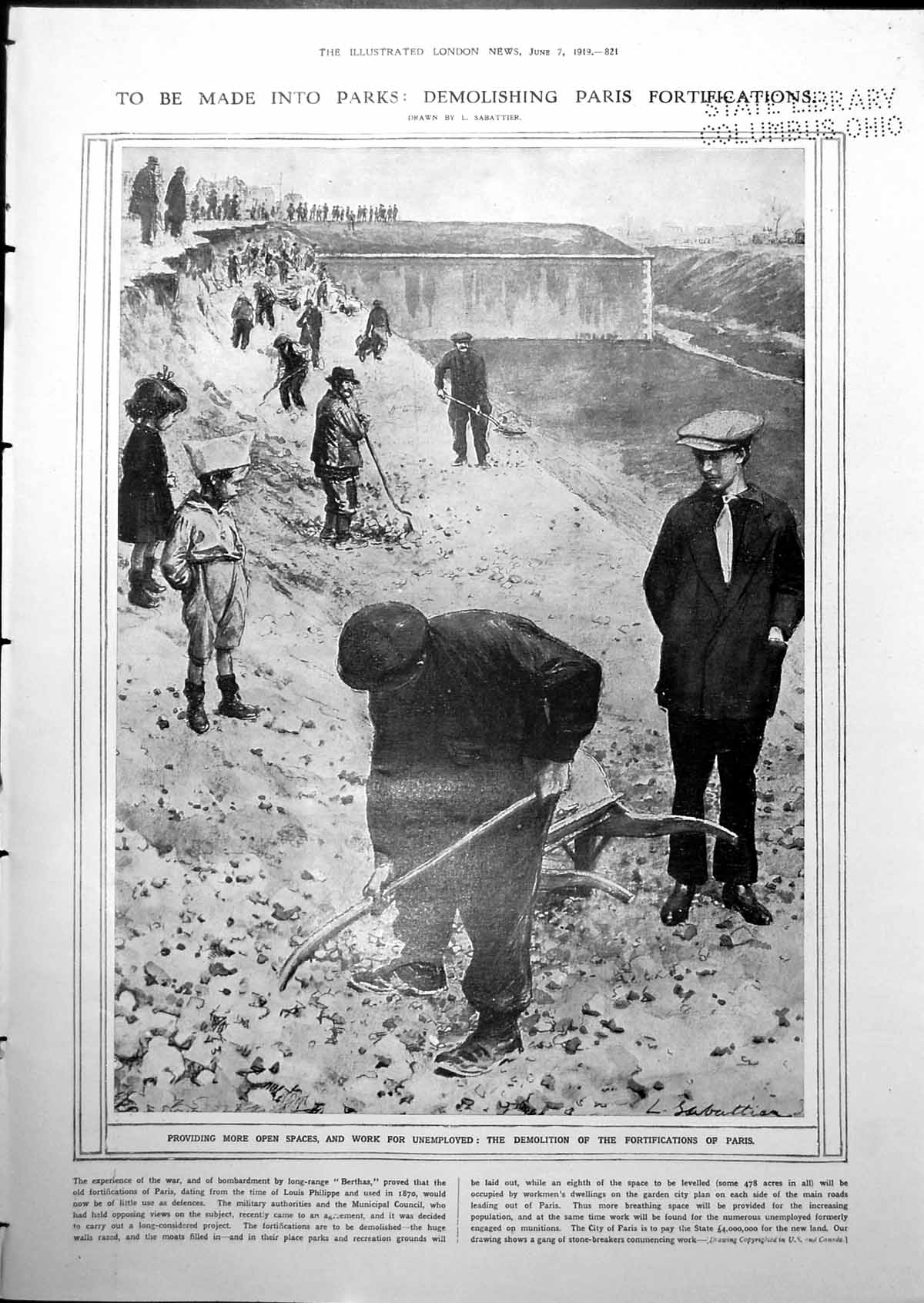 Old Print Demolishing Paris Fortifications To Make Parks Employment 1919 20th