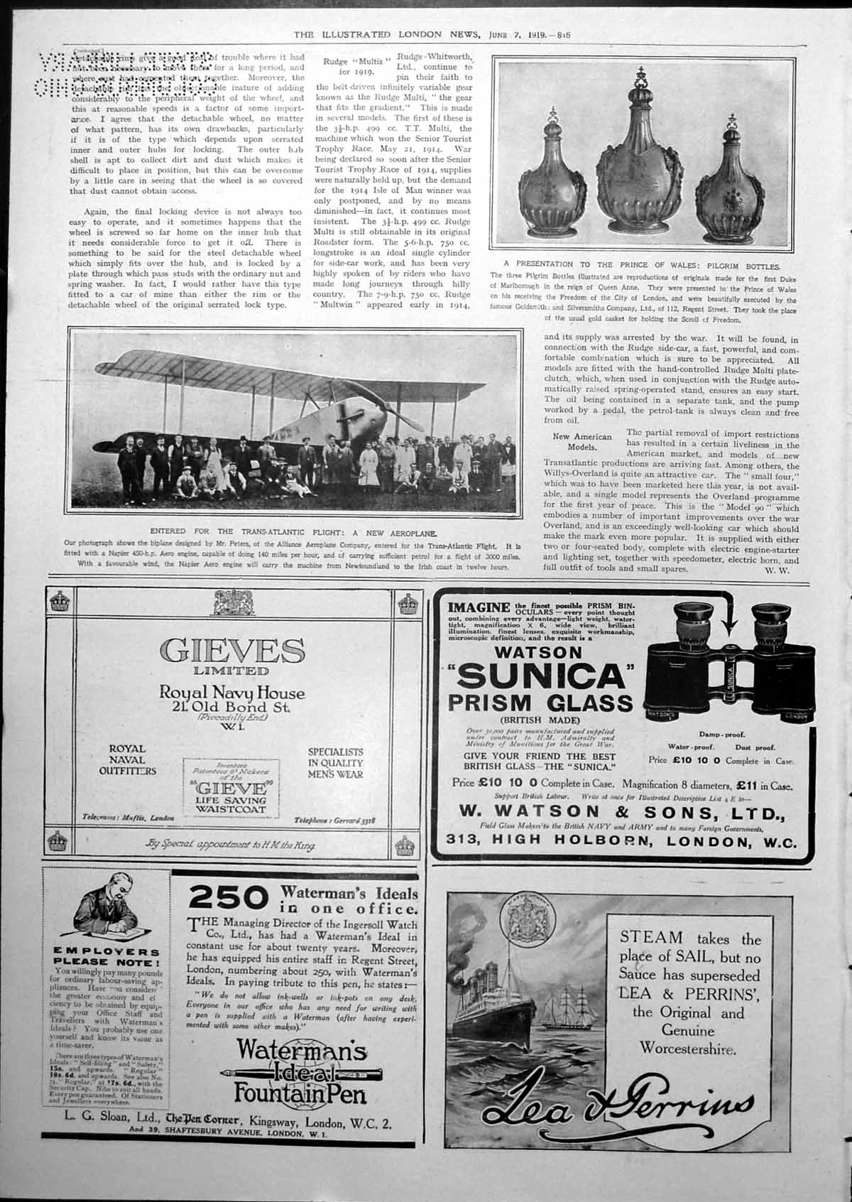 Antique Print Pilgrim Bottles Prince Wales New Aircraft Transatlantic 1919 20th