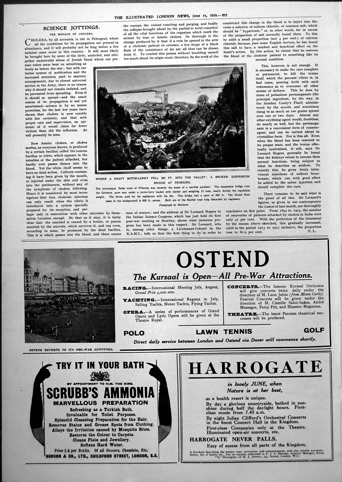Antique Old Print Broken Flexible Suspension Bridge Fribourg Switzerland 1919