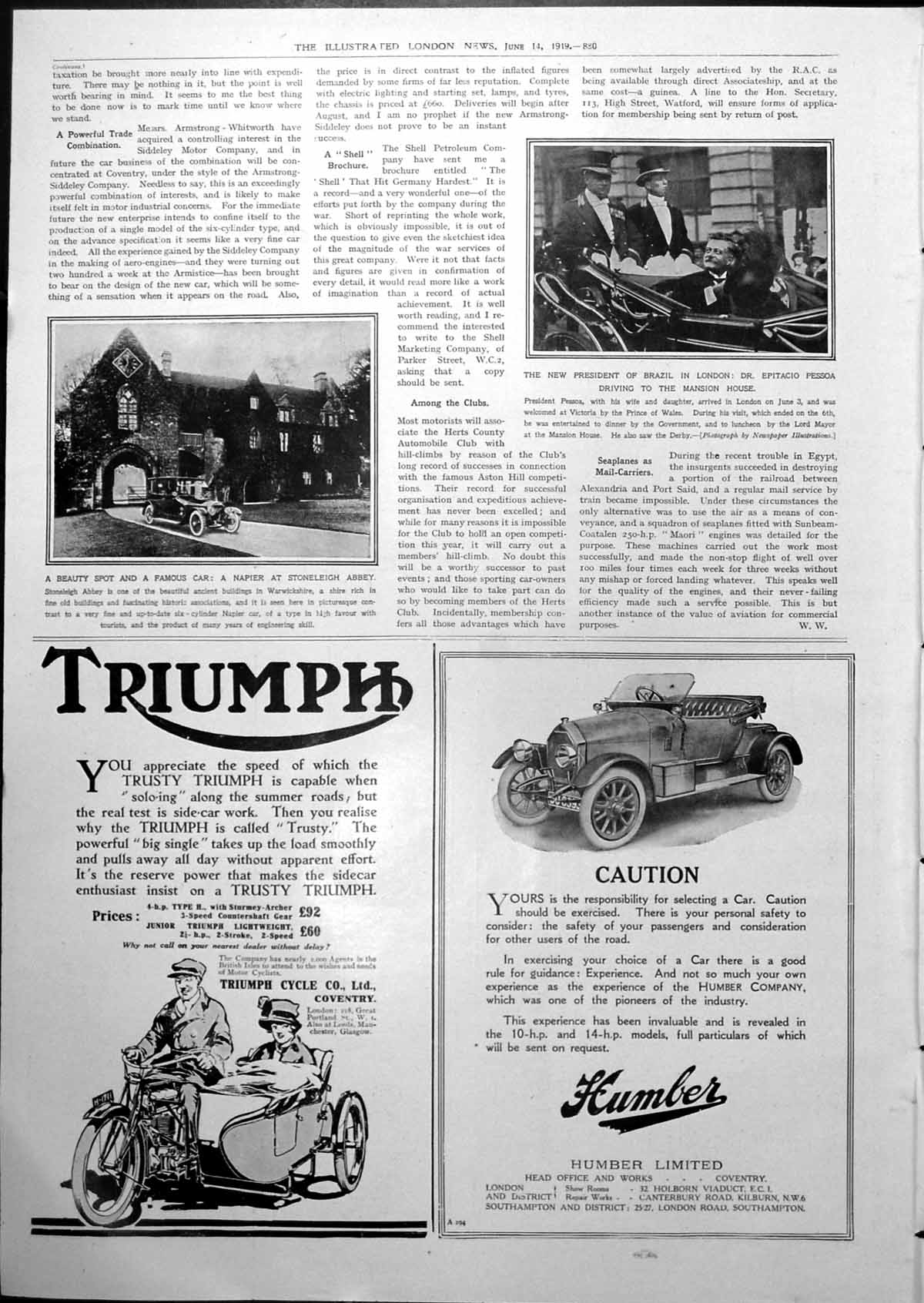Old Epitacio Pessoa New President Brazil London Napier Stoneleigh 1919 20th