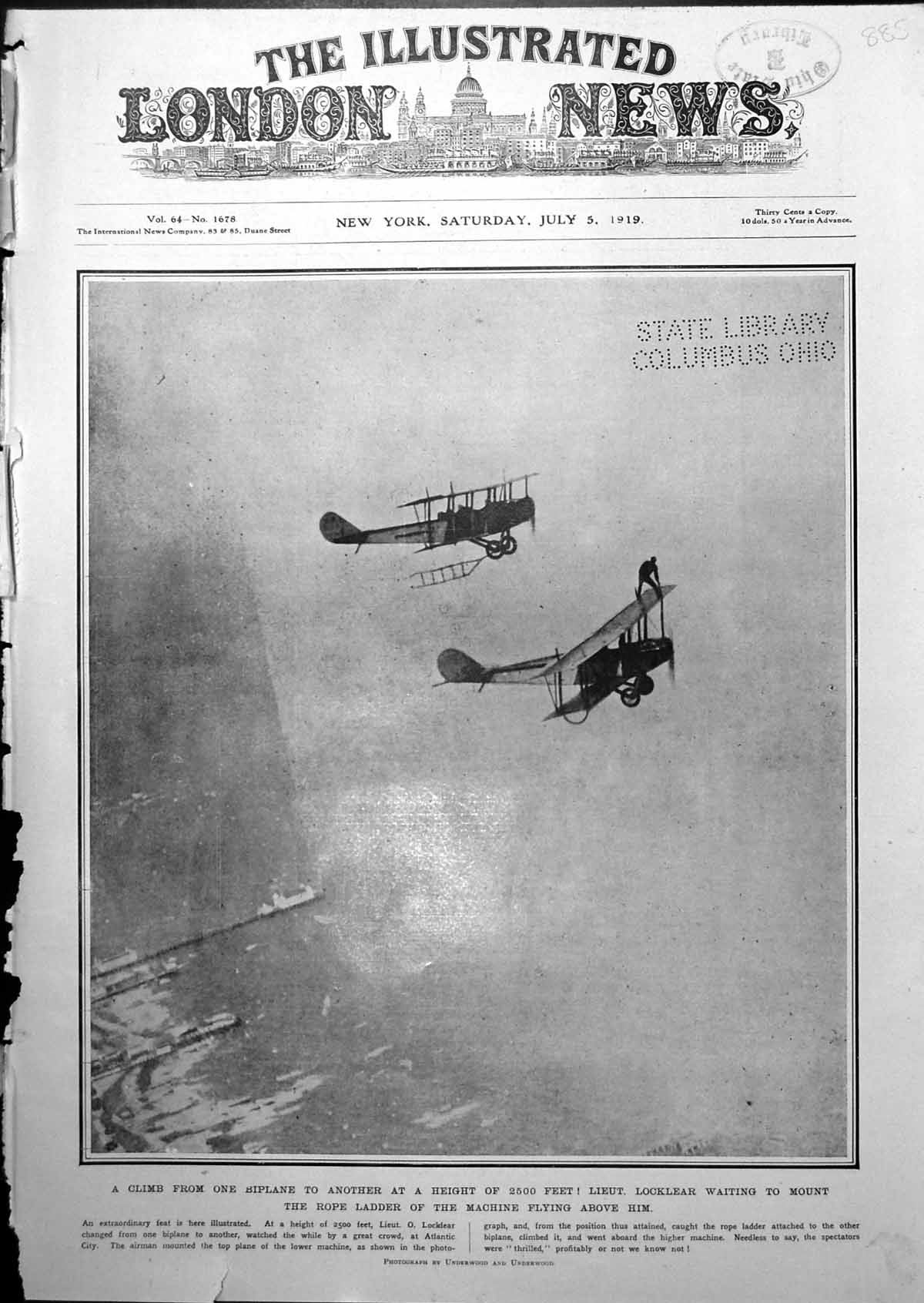 Old Print Locklear Climb Ladder Between Biplanes Freedom City Haig 1919 20th