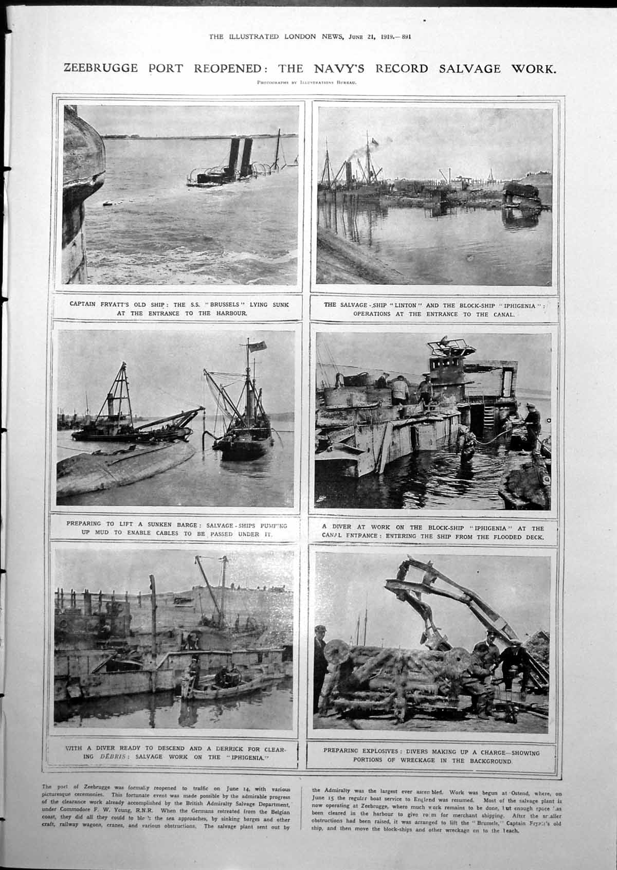 Antique Old Print Zeebrugge Port Salvage Work Royal Procession Ascot 1919 20th