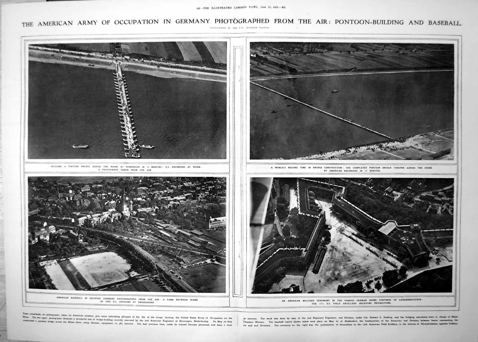 Old Print American Occupation Germany Pontoon Building Baseball Air 1919 20th