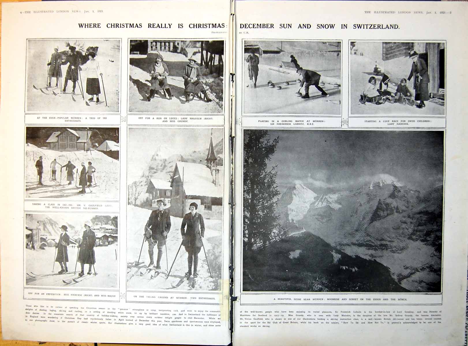 Antique Print Damaged Curling Skiing Swiss Alps French Cave-Dwellers 1921 0 20th