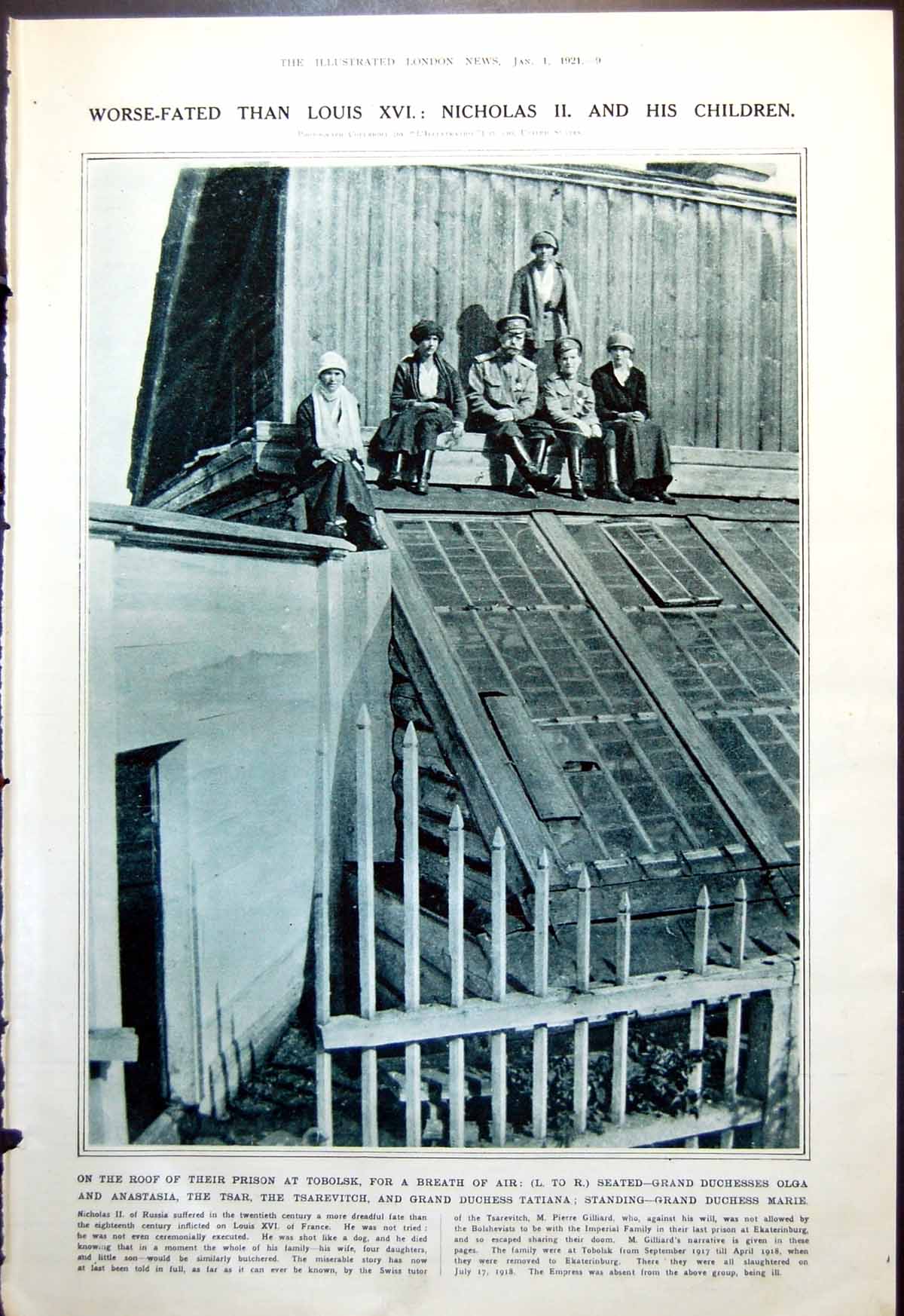Old Print Tobolsk Prison Tsar Tsarevitch Duchesses Botkin Schneider 1921 0 20th