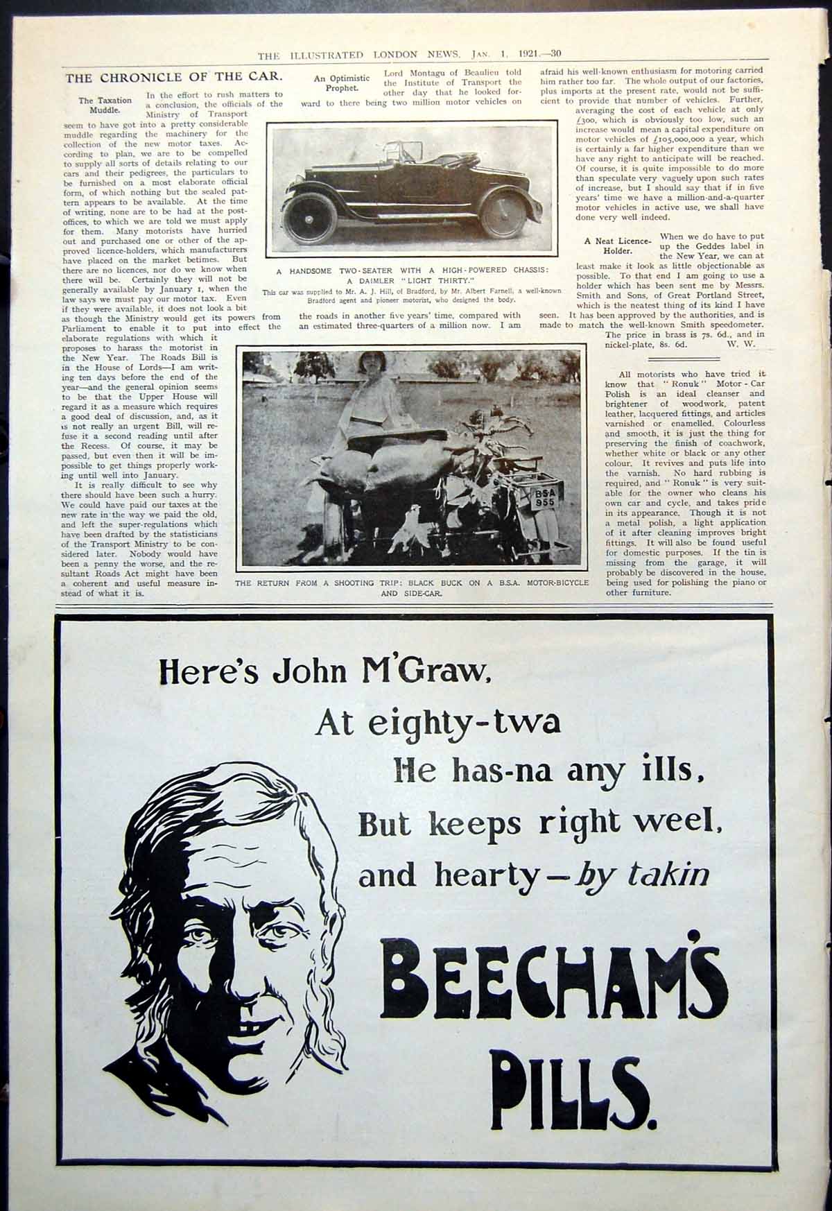 Old Print Daimler Light Thirty Hunting Trip Black Buck Bsa Motorcycle 1921 20th