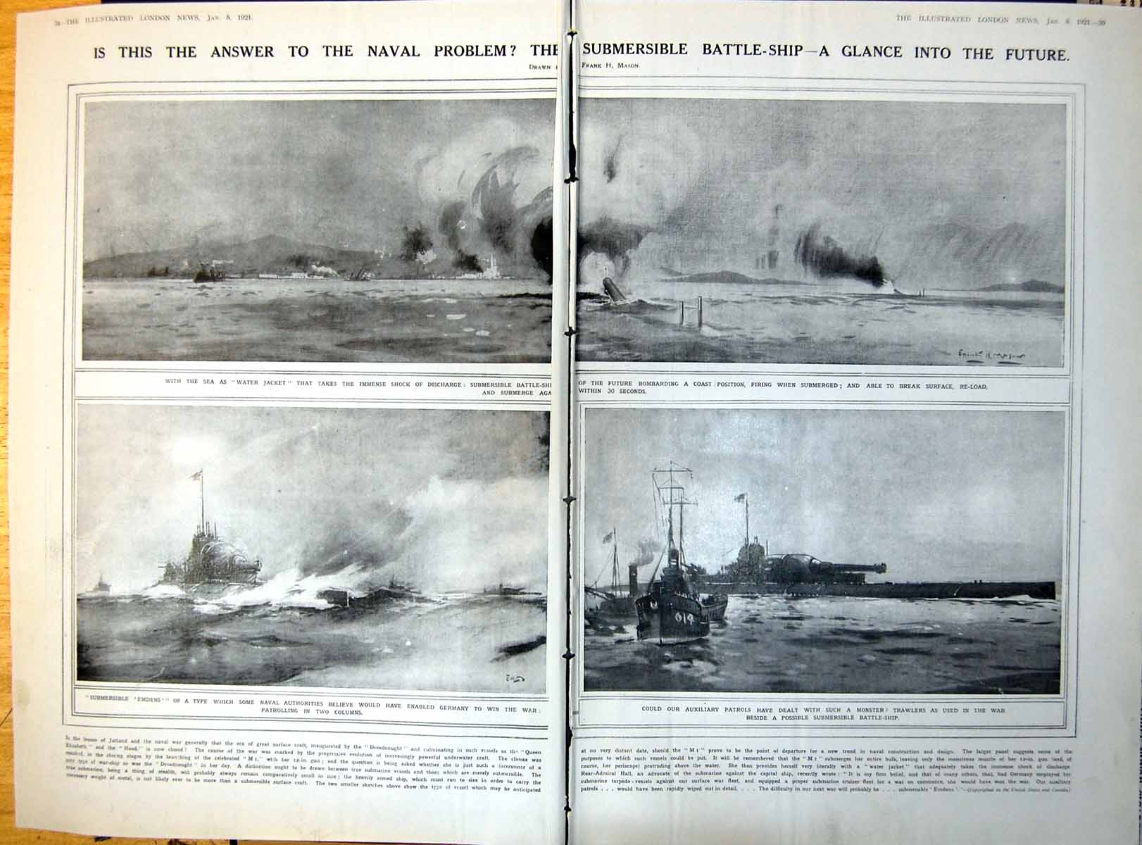 Antique Old Print Damaged Submersible Battleship Future Emdens Trawlers 1921 0