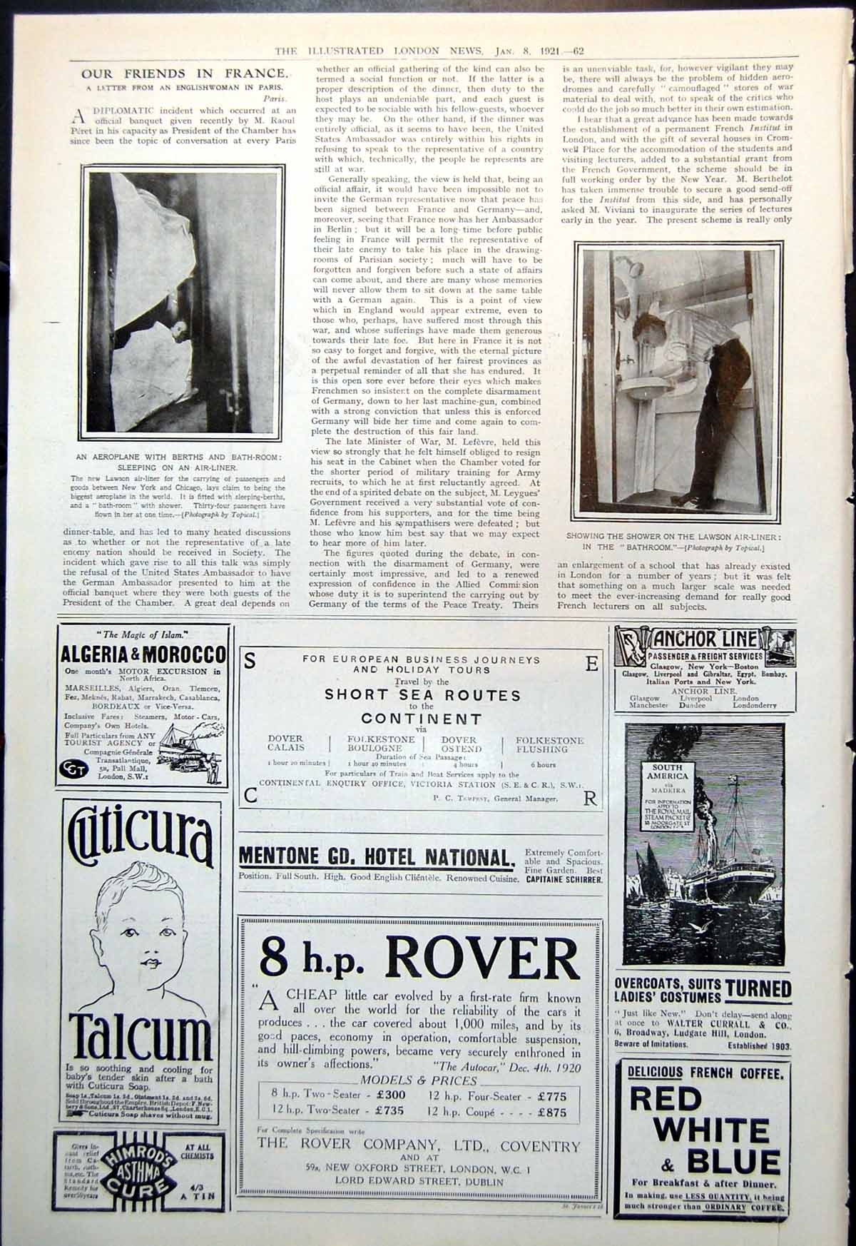 Old Vintage Print Aeroplane Berths Bathroom Sleeping Lawson Air-Liner 1921 20th