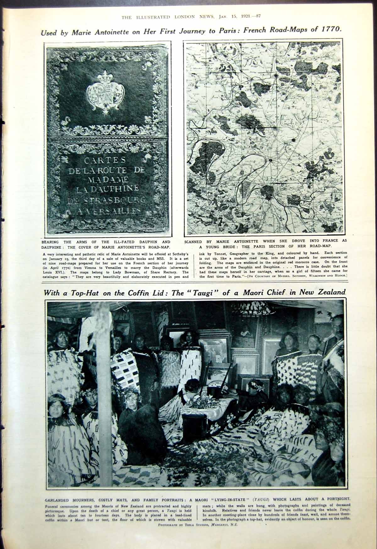 Antique Print French Road Map Taugi Maori Chief Curling Skating Davos 1921 0