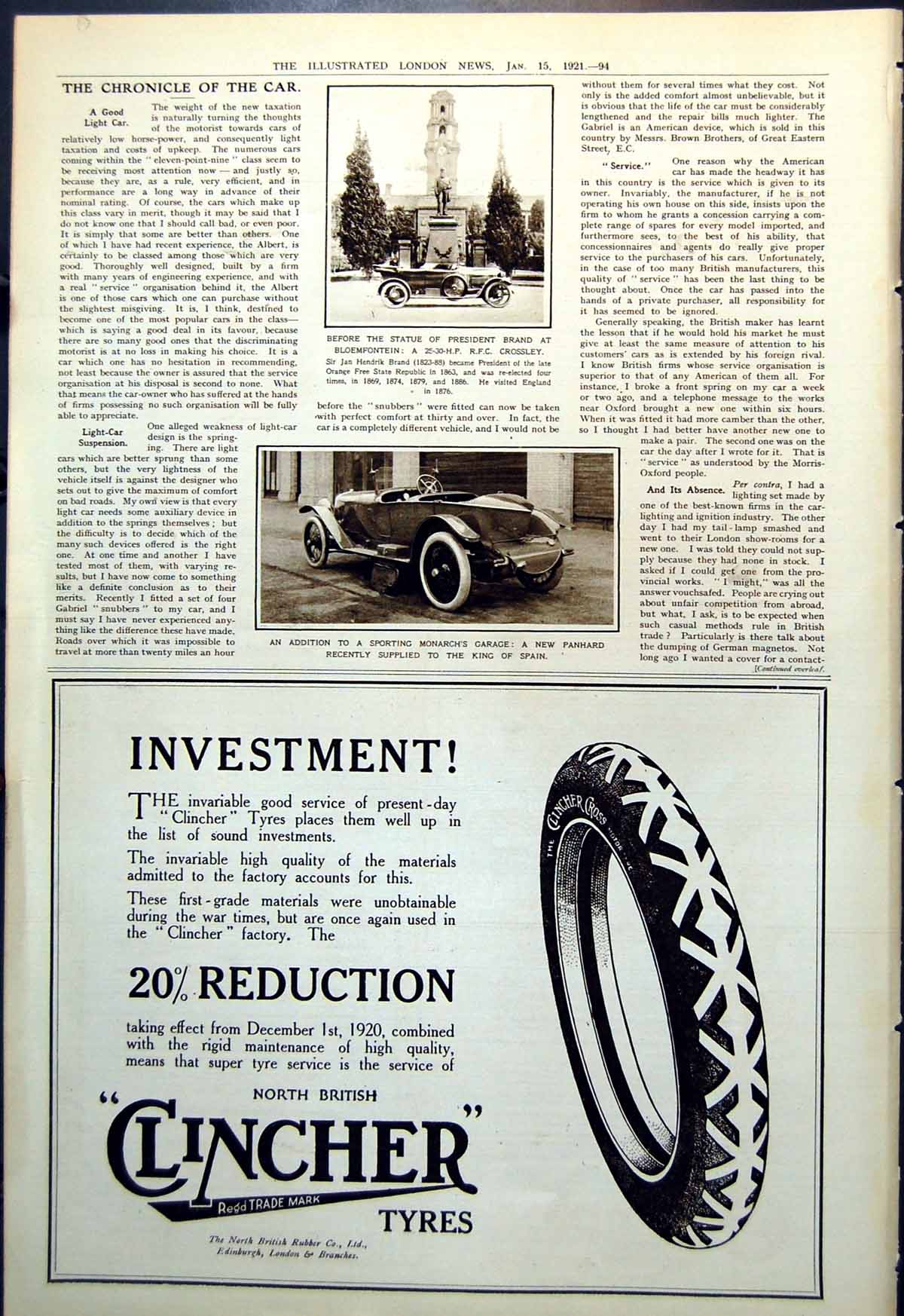 Antique Print Crossley Statue President Brand Bloemfontain Panhard Car 1921 20th
