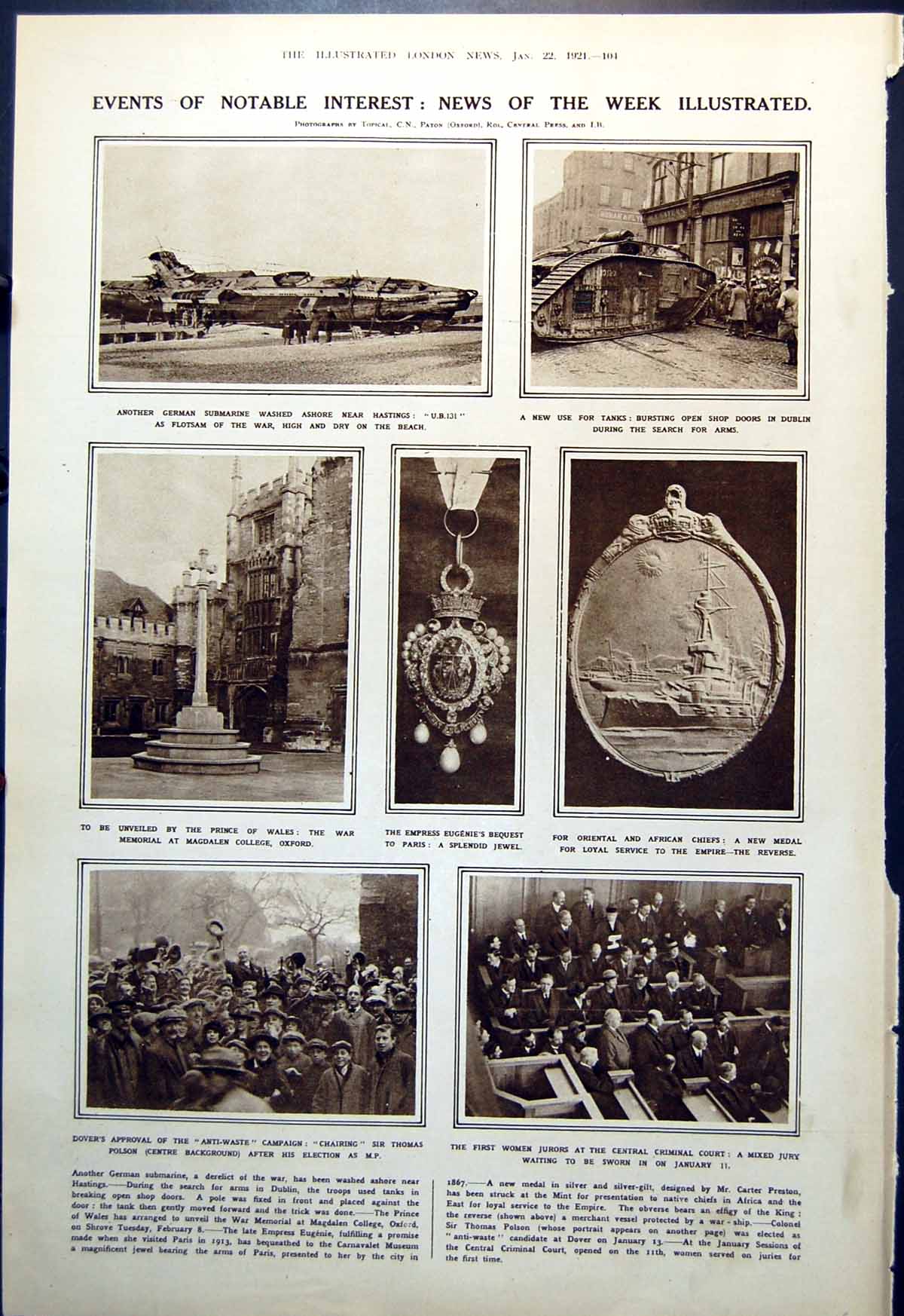 Old Print German Submarine Washed Ashore Fighting Fiume D'Annunzio 1921 20th