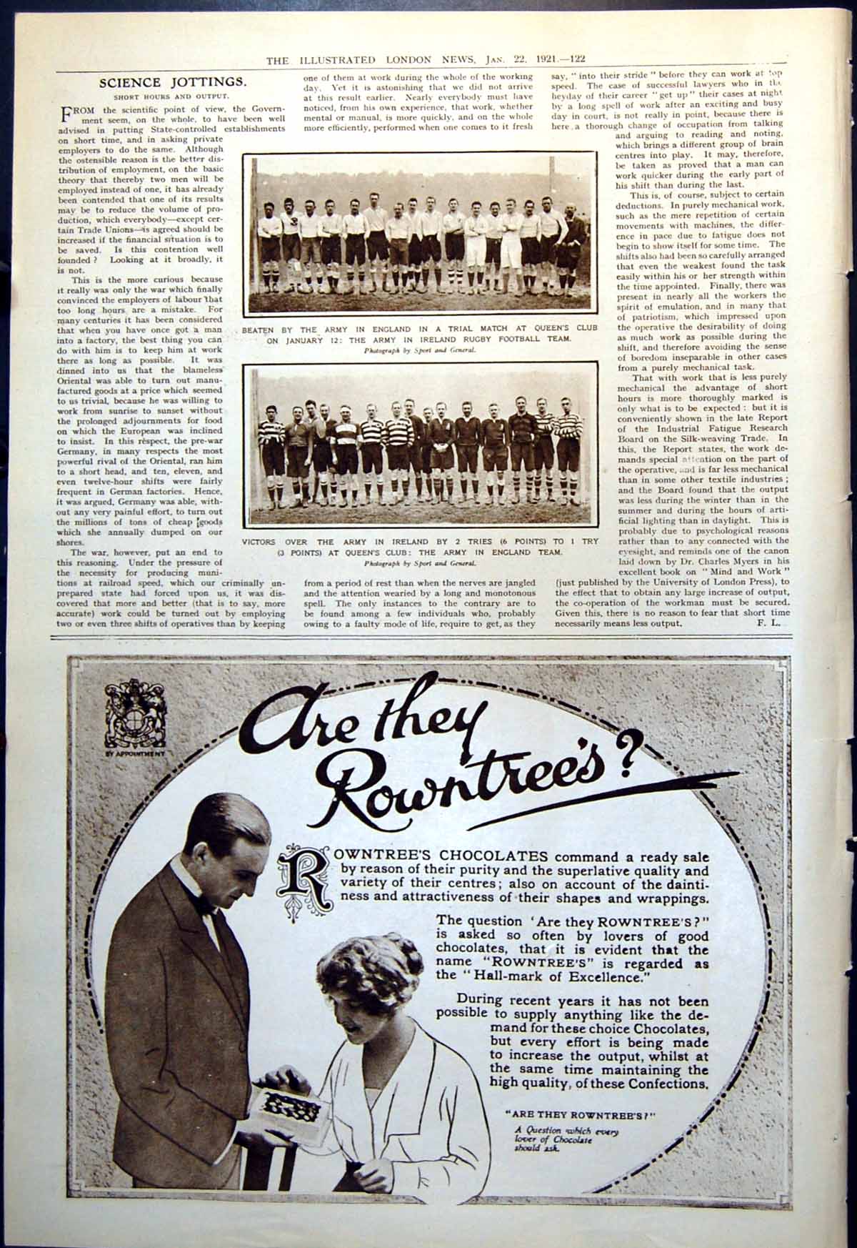 Antique Old Print Ireland England Army Rugby Football Teams Queen'S Club 1921