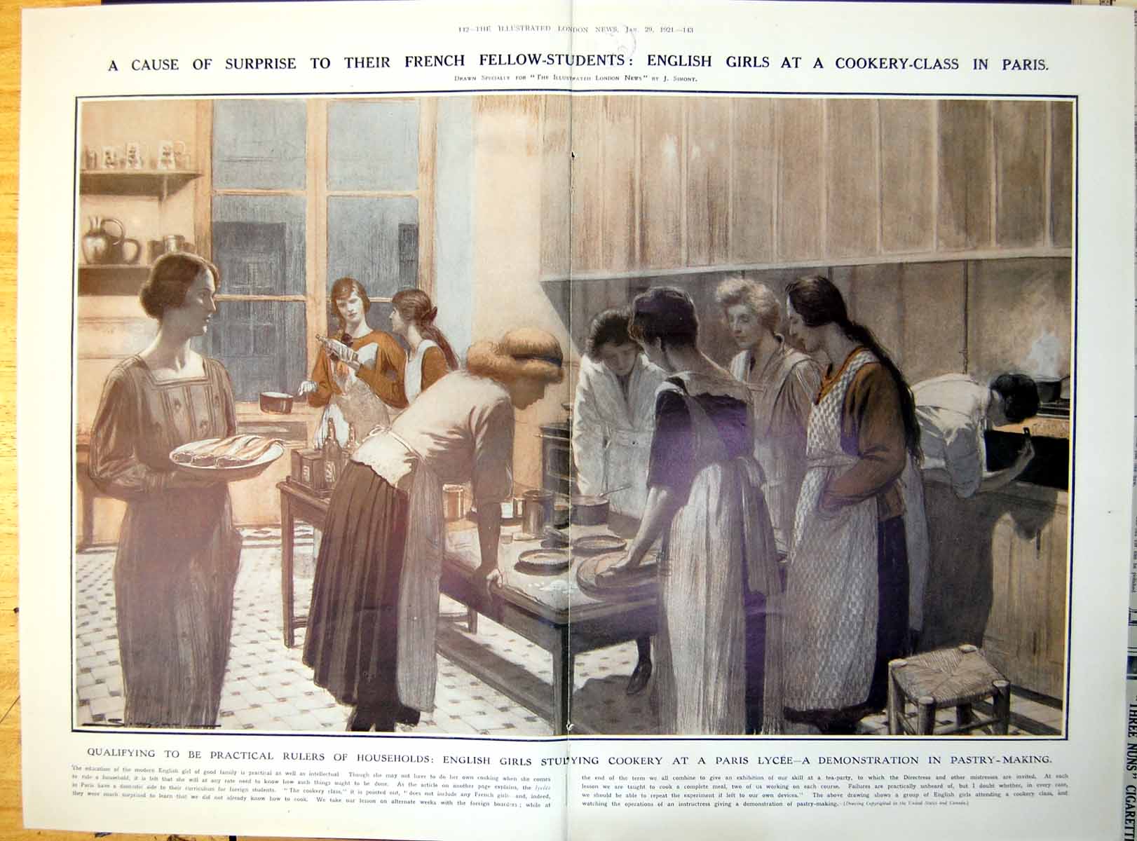 Old Print English Girls At Cookery Class Paris Lycee Pastry Making 1921 20th