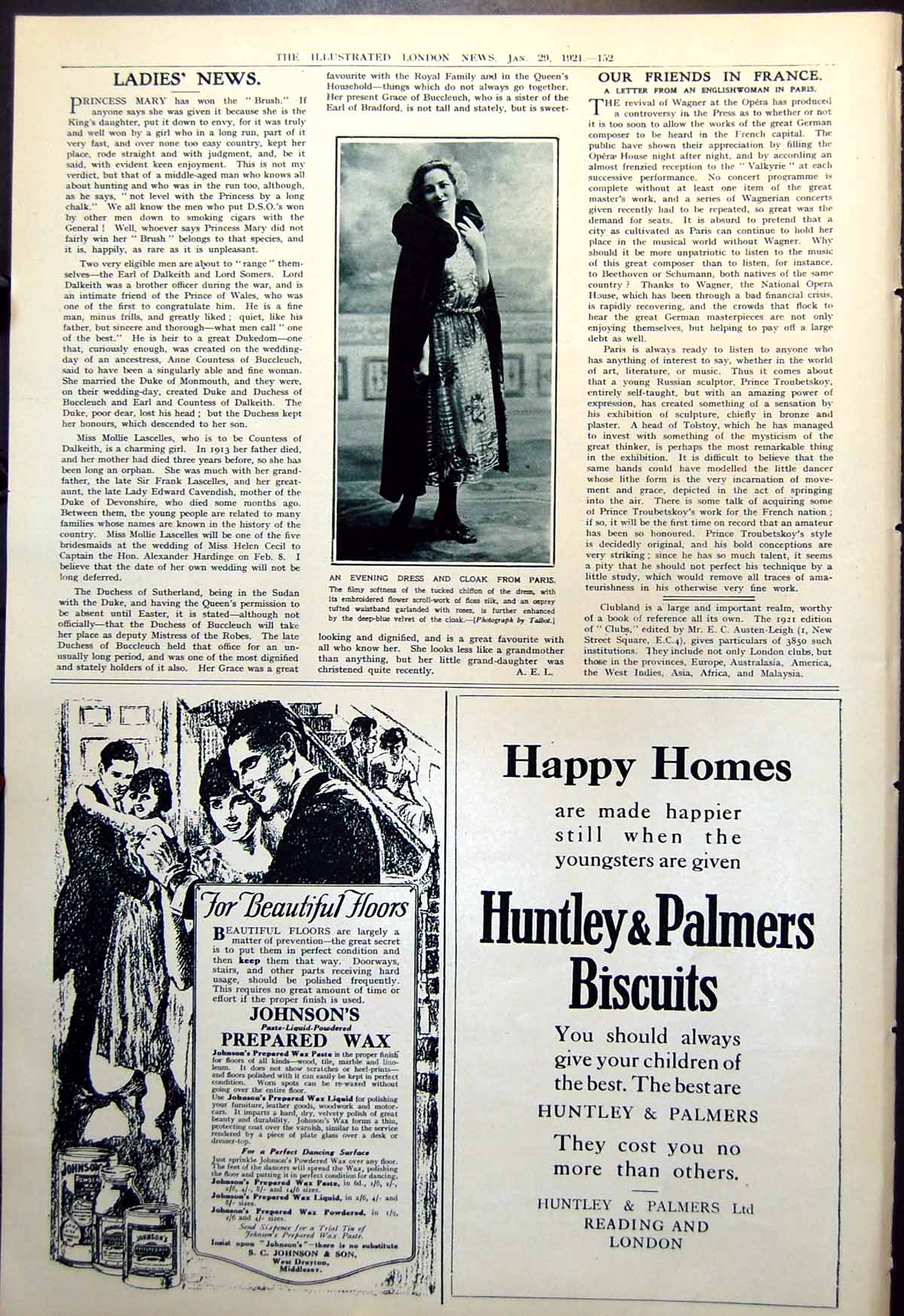 Antique Old Print Ladies News Evening Dress And Cloak From Paris Velvet 1921