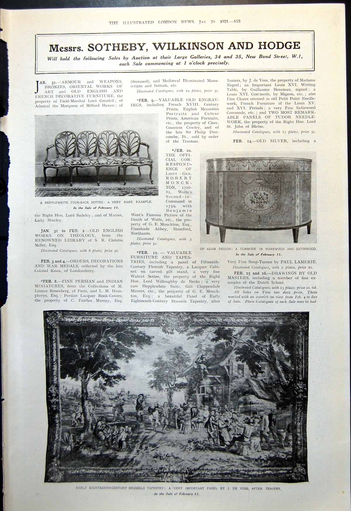 Antique Old Print Sotheby Hepplewhite Four-Back Settee Commode Tapestry 1921