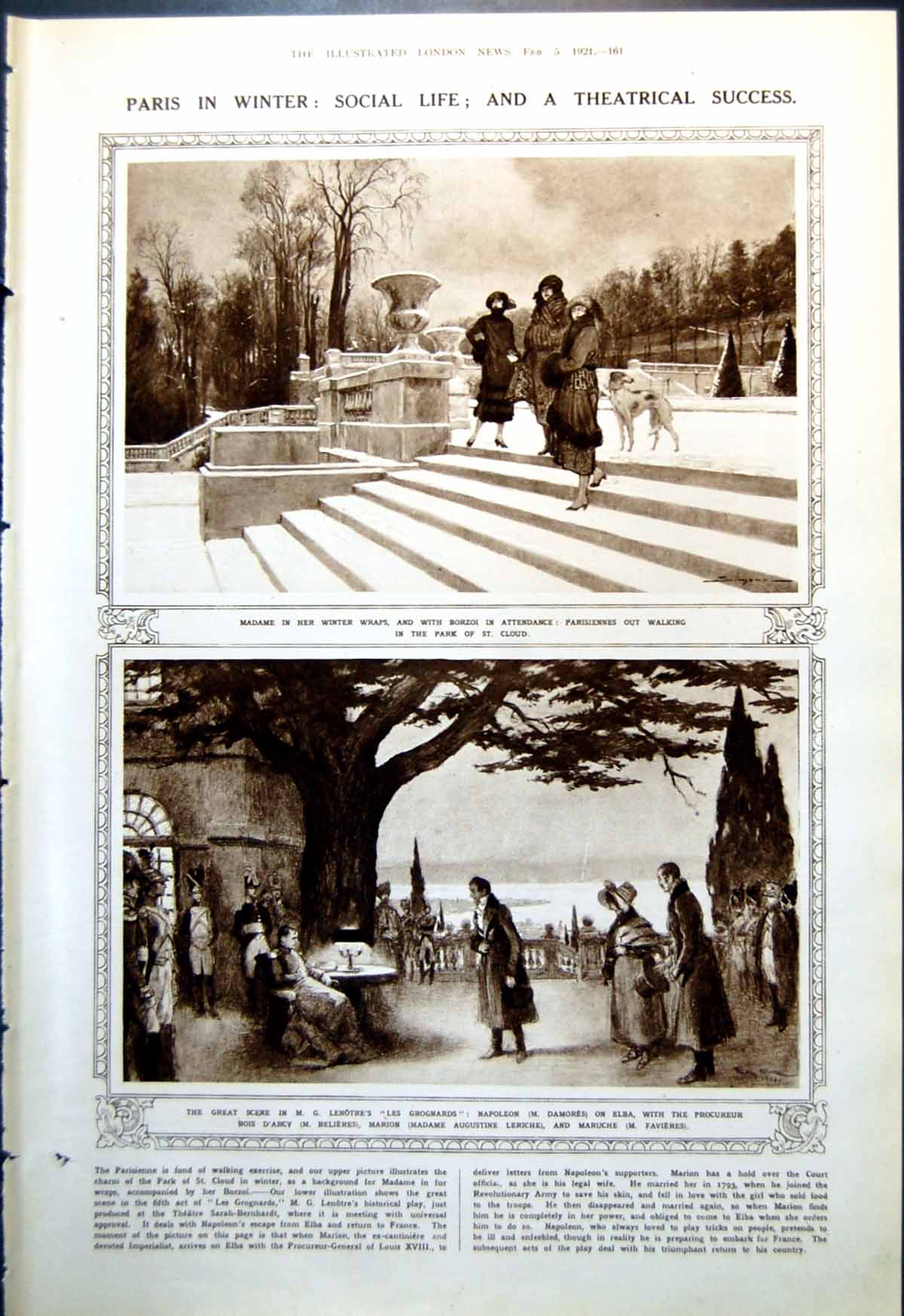 Antique Old Print Social Life Paris Winter Les Grognards Special Medals 1921