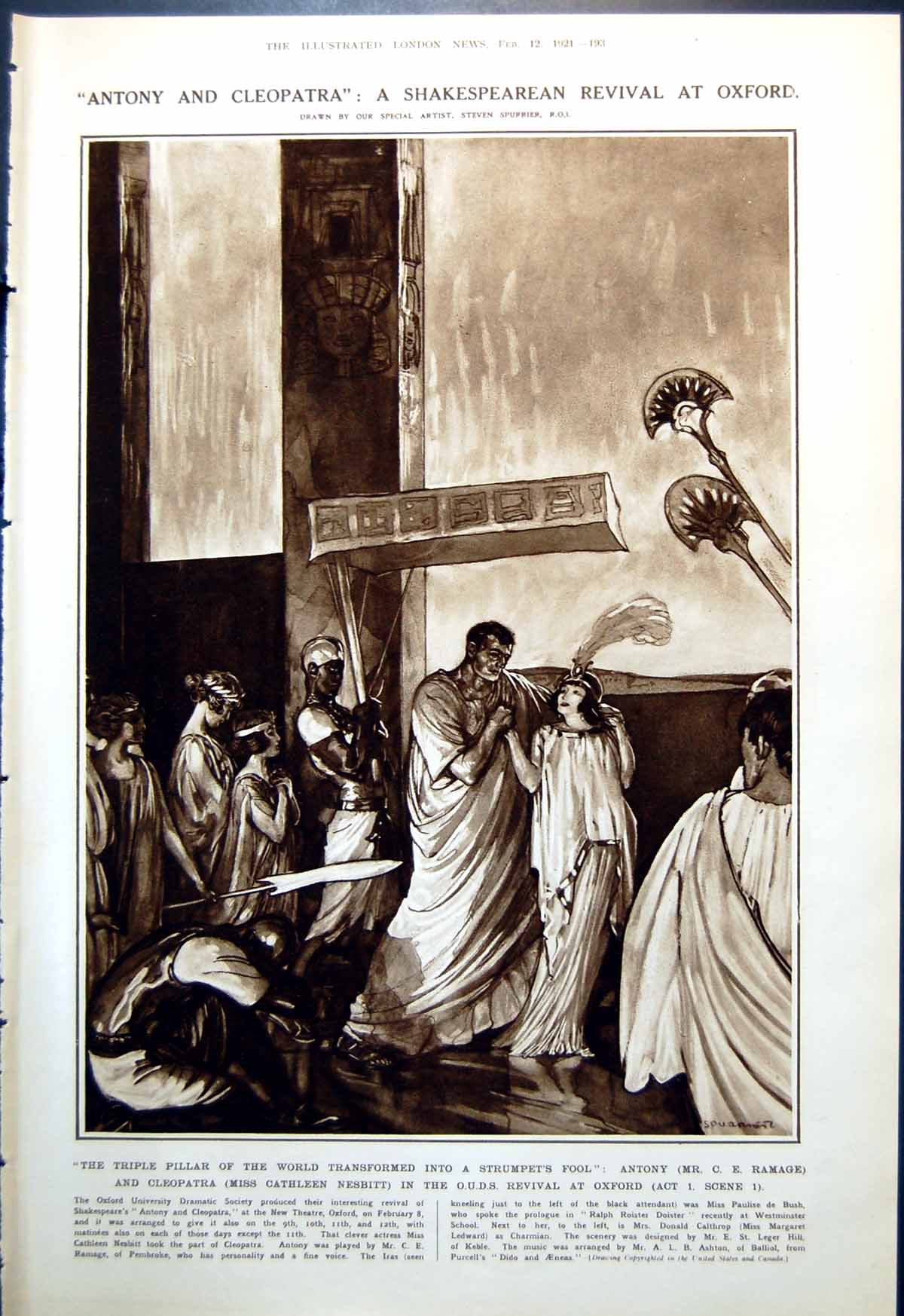 Antique Old Print Antony Cleopatra Oxford Revival Rome Art Scholarships 1921