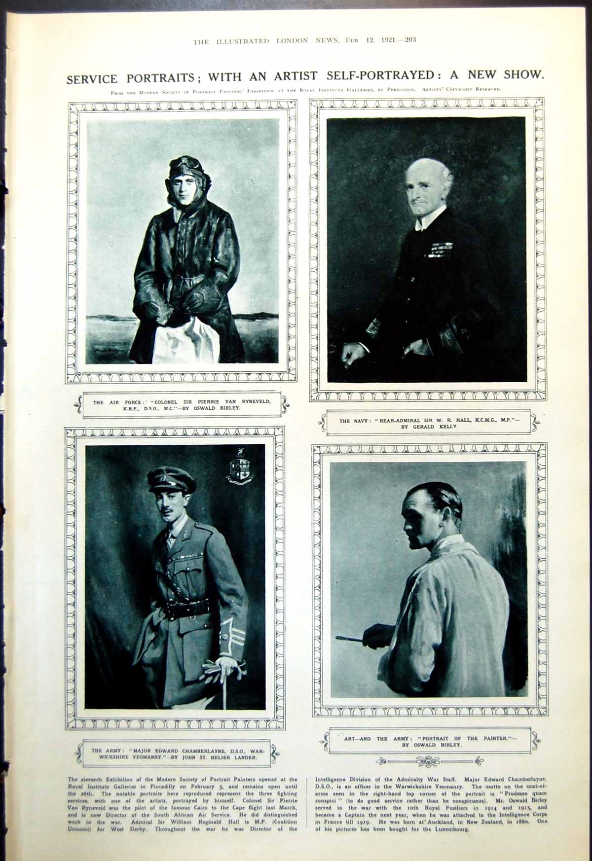 Old Service Portraits Ryneveld Hall Chamberlayne Cabinet Glass 1921 20th