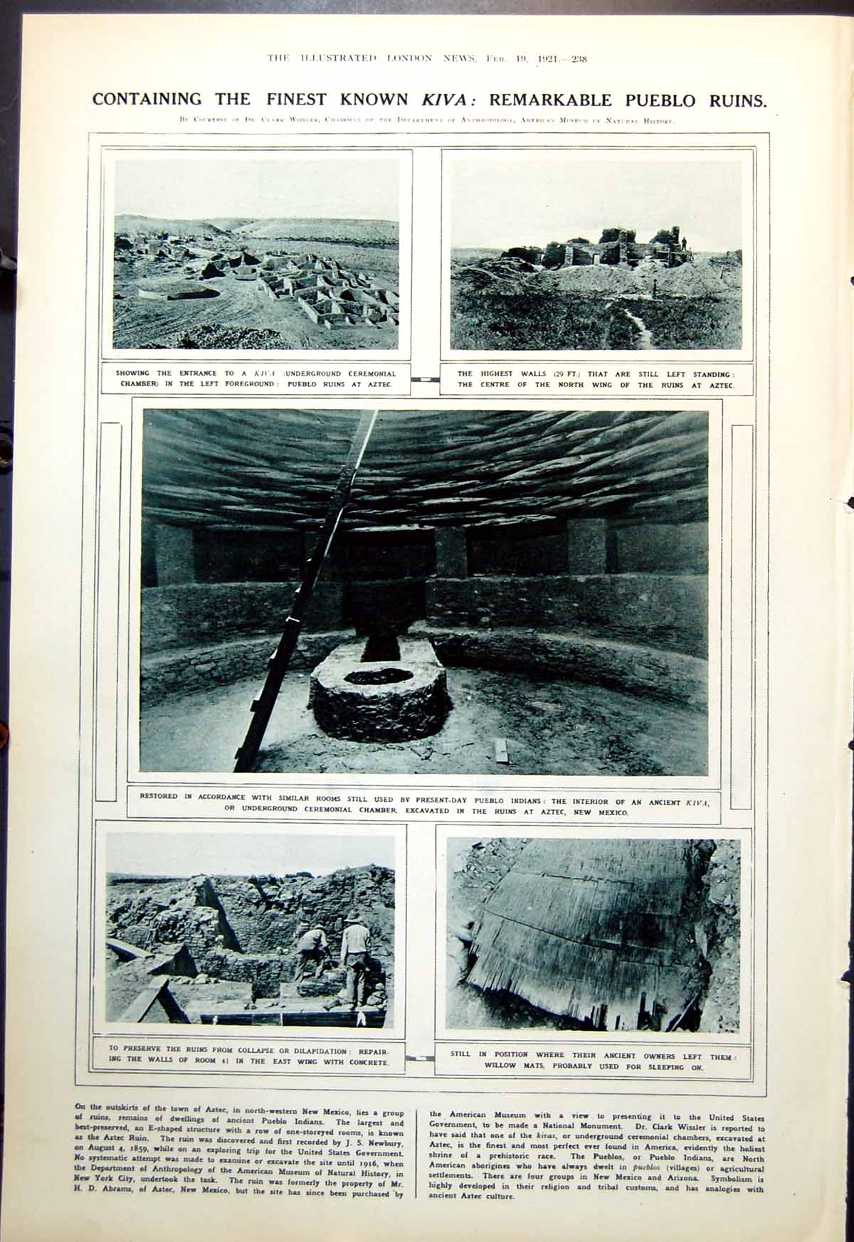 Antique Old Print Pueblo Ruins Kiva Ceremonial Chamber C7Th Manuscript 1921