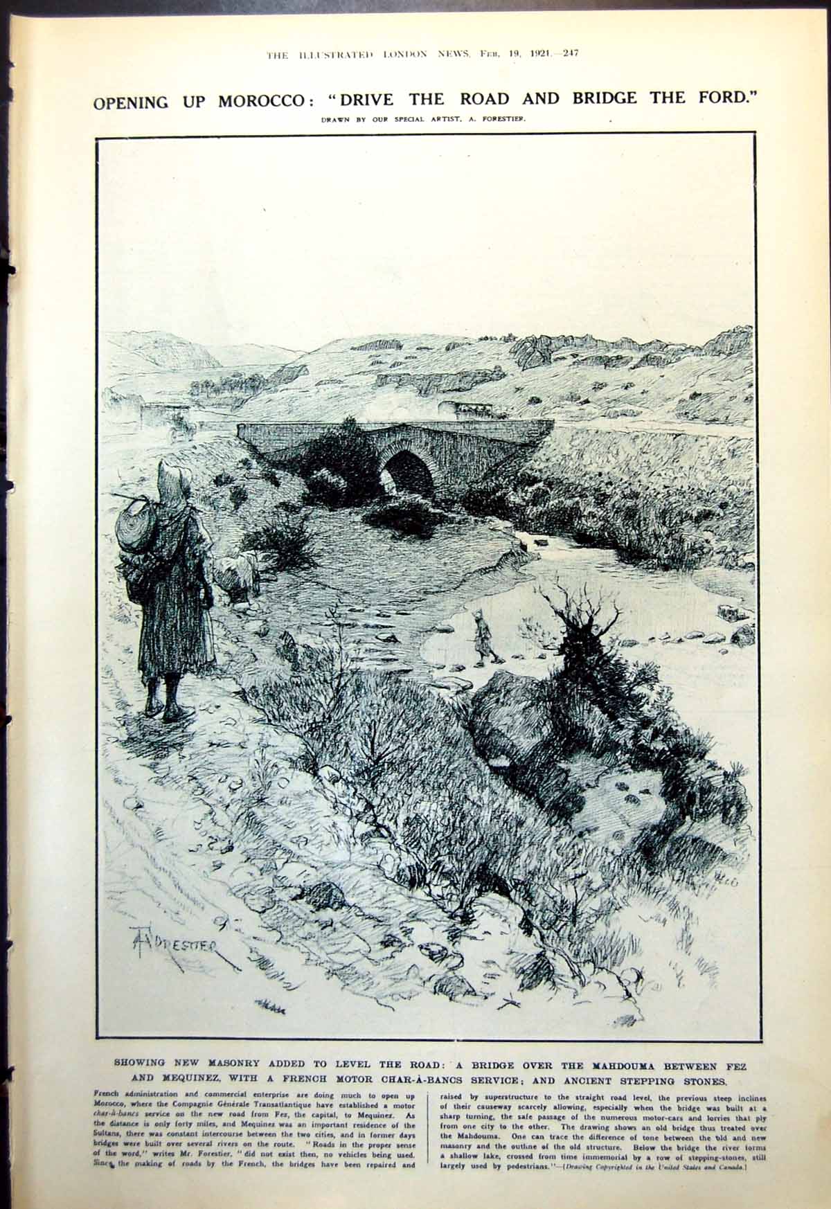 Old Print Bridge Mahdouma Between Fez Mequinez Prince Wales Oxford 1921 20th