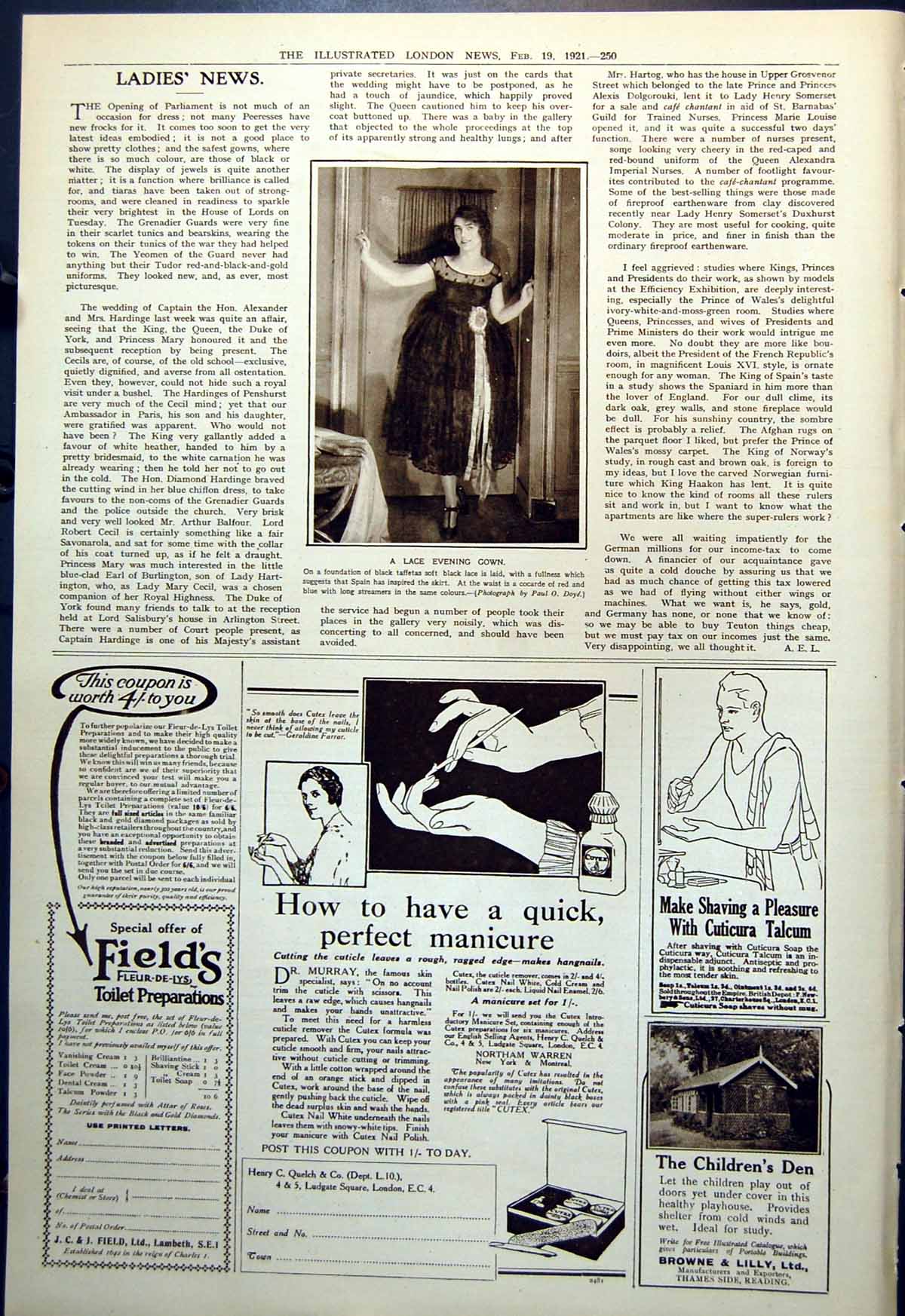 Old Print Ladies News Lace Evening Gown Black Taffeta Lace Streamers 1921 20th