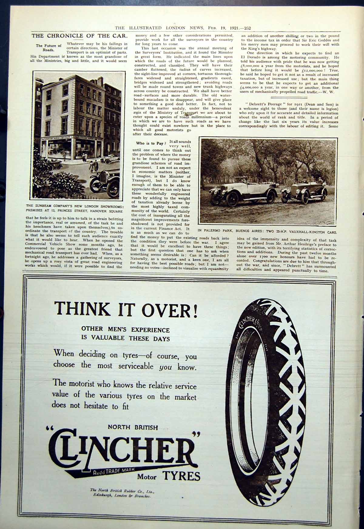 Antique Old Print Sunbeam Co'S New London Showroom Vauxhall-Kington Cars 1921