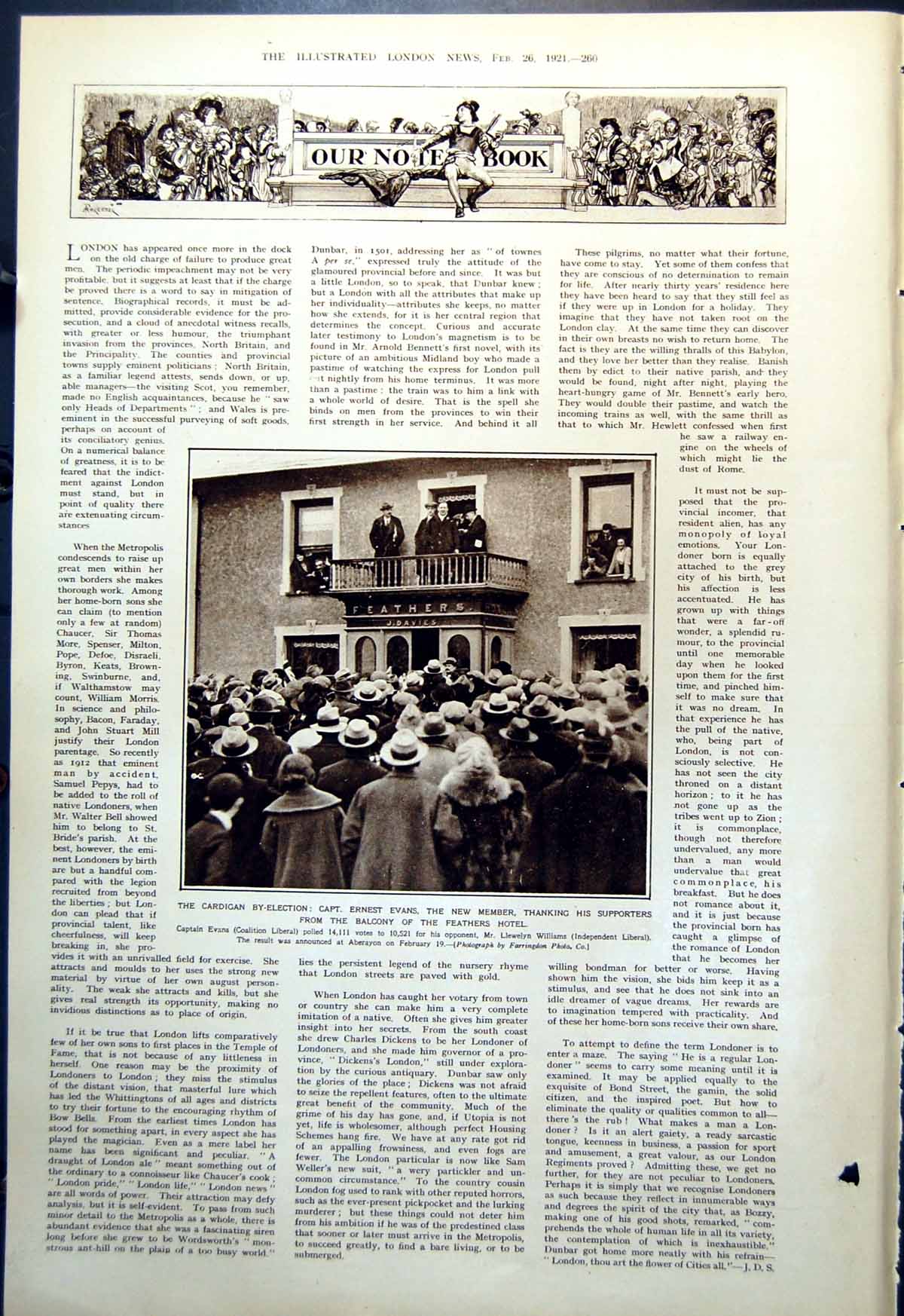 Old Print Cardigan By-Election Capt Ernest Evans Thanking Supporters 1921 20th