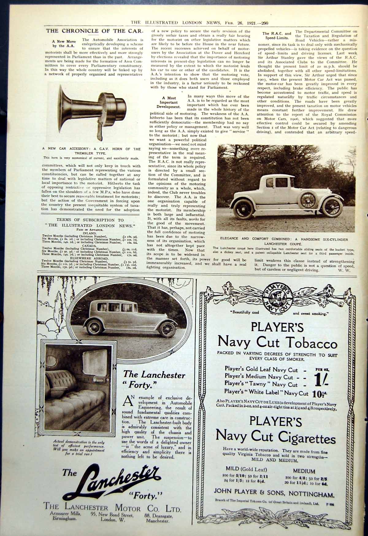 Antique Print New Car Accessory Trembler Horn C.A.V. Lanchester Coupe 1921 20th