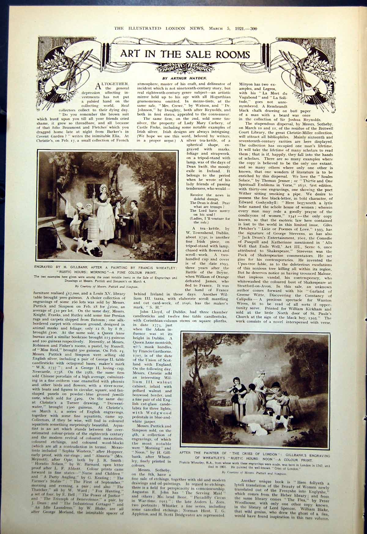 Antique Old Print Rustic Hours Morning Cries London Gillbank Art Sale 1921 20th