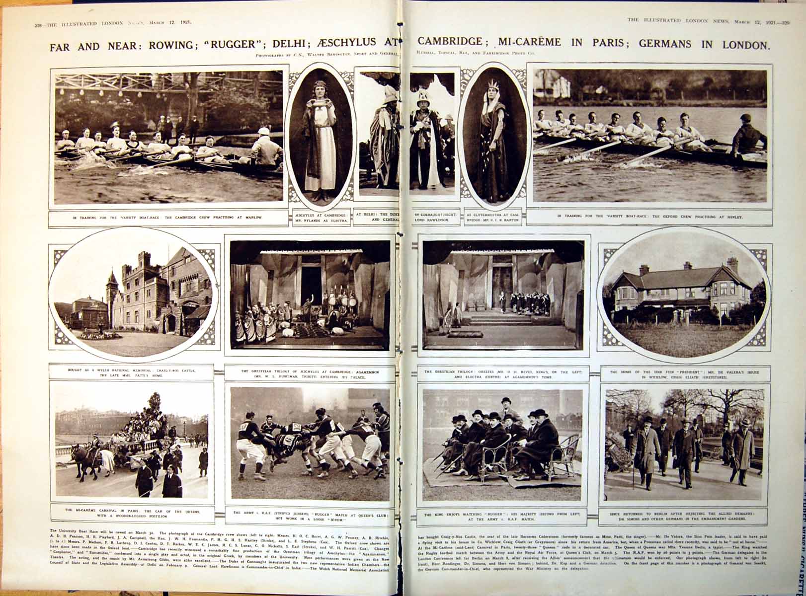 Antique Old Print Damaged Rowing Rugger Match Germans London Mi-Careme 1921
