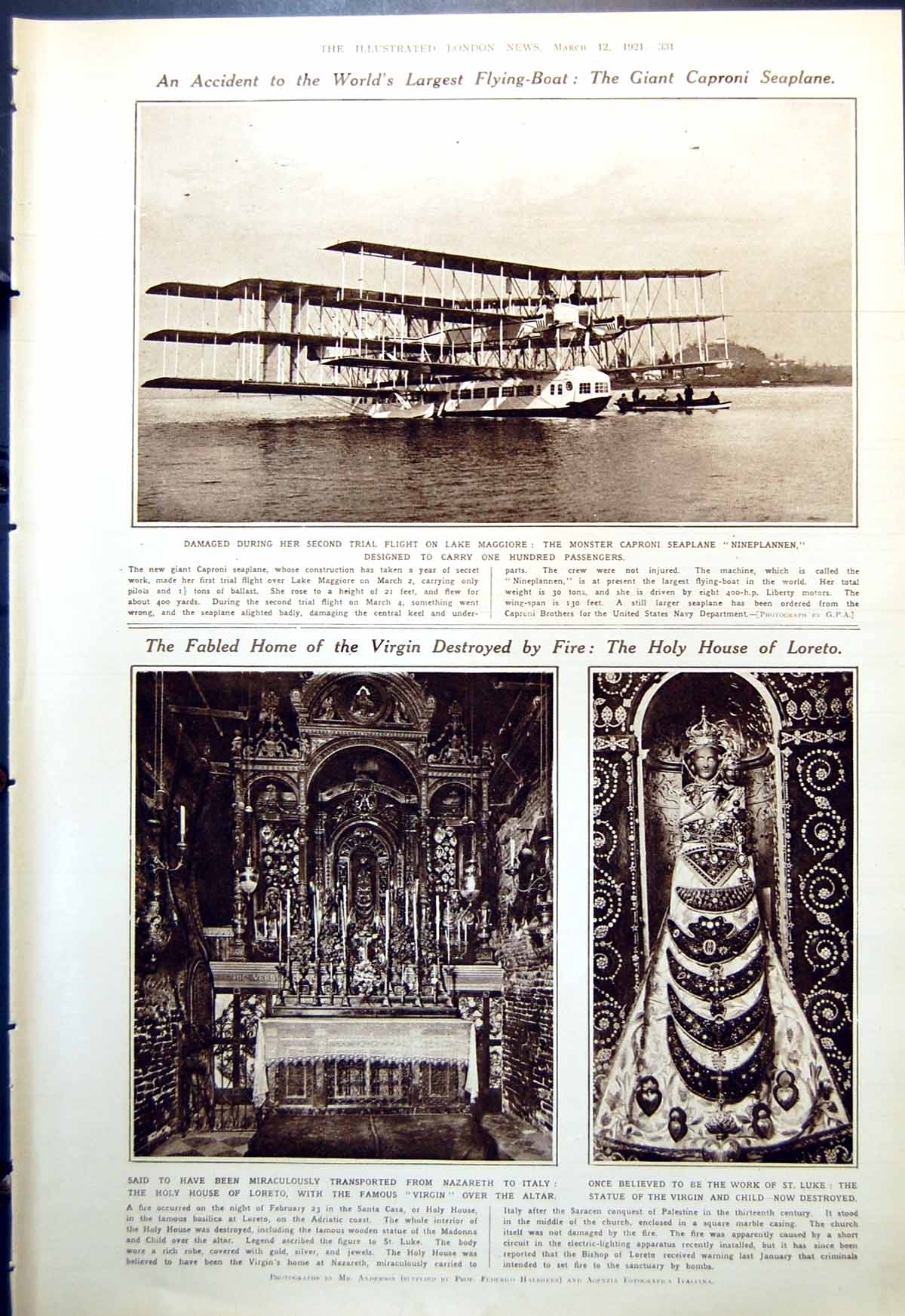 Antique Print Caprione Seaplane Holy House Loreto Sibelius M De Caro 1921 20th