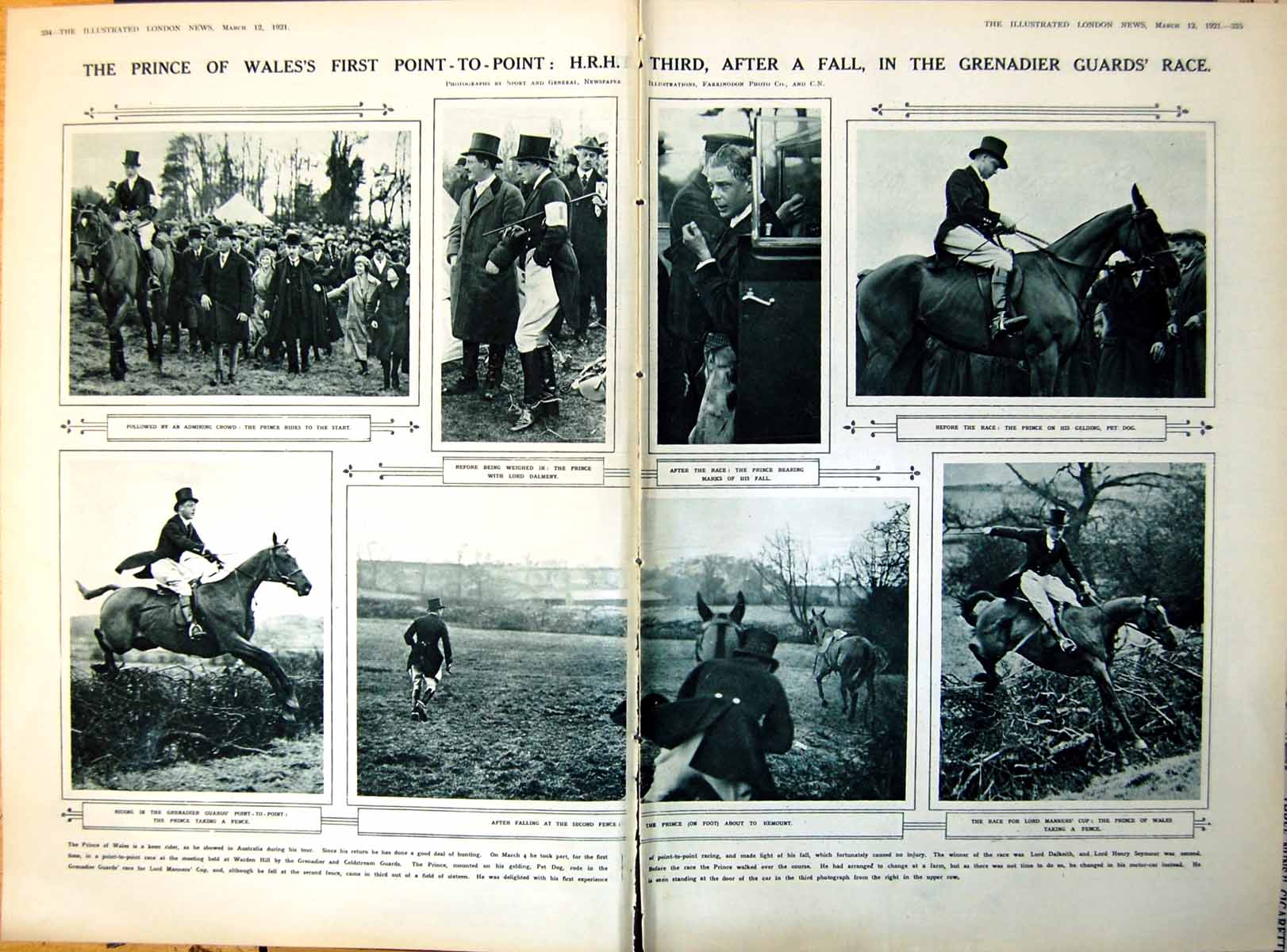 Antique Print Damaged Prince Wales'S First Point To-Point After Fall 1921 20th
