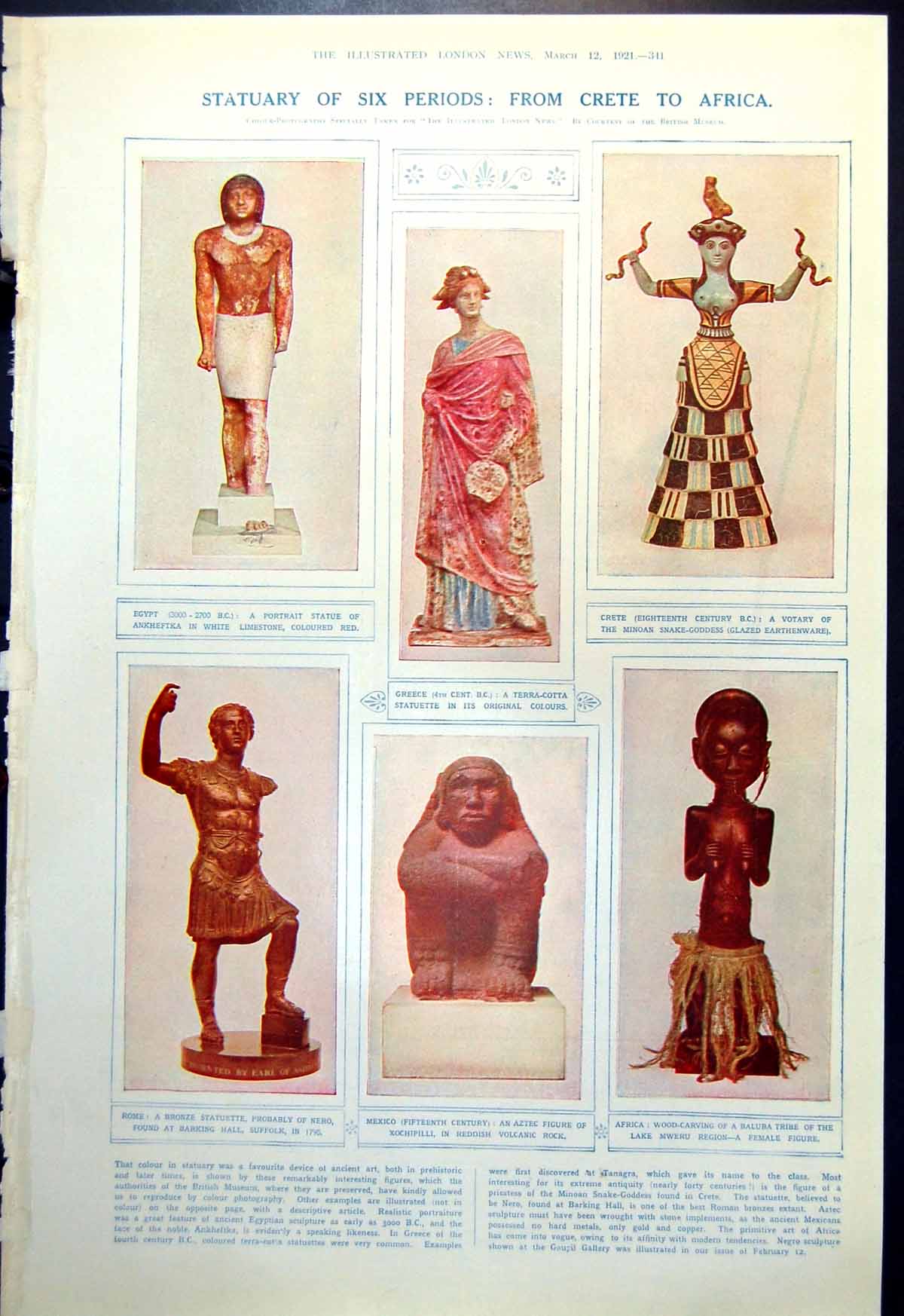 Old Print Statuary Colour Egyptian Greek Roman Mexican African Crete 1921 20th