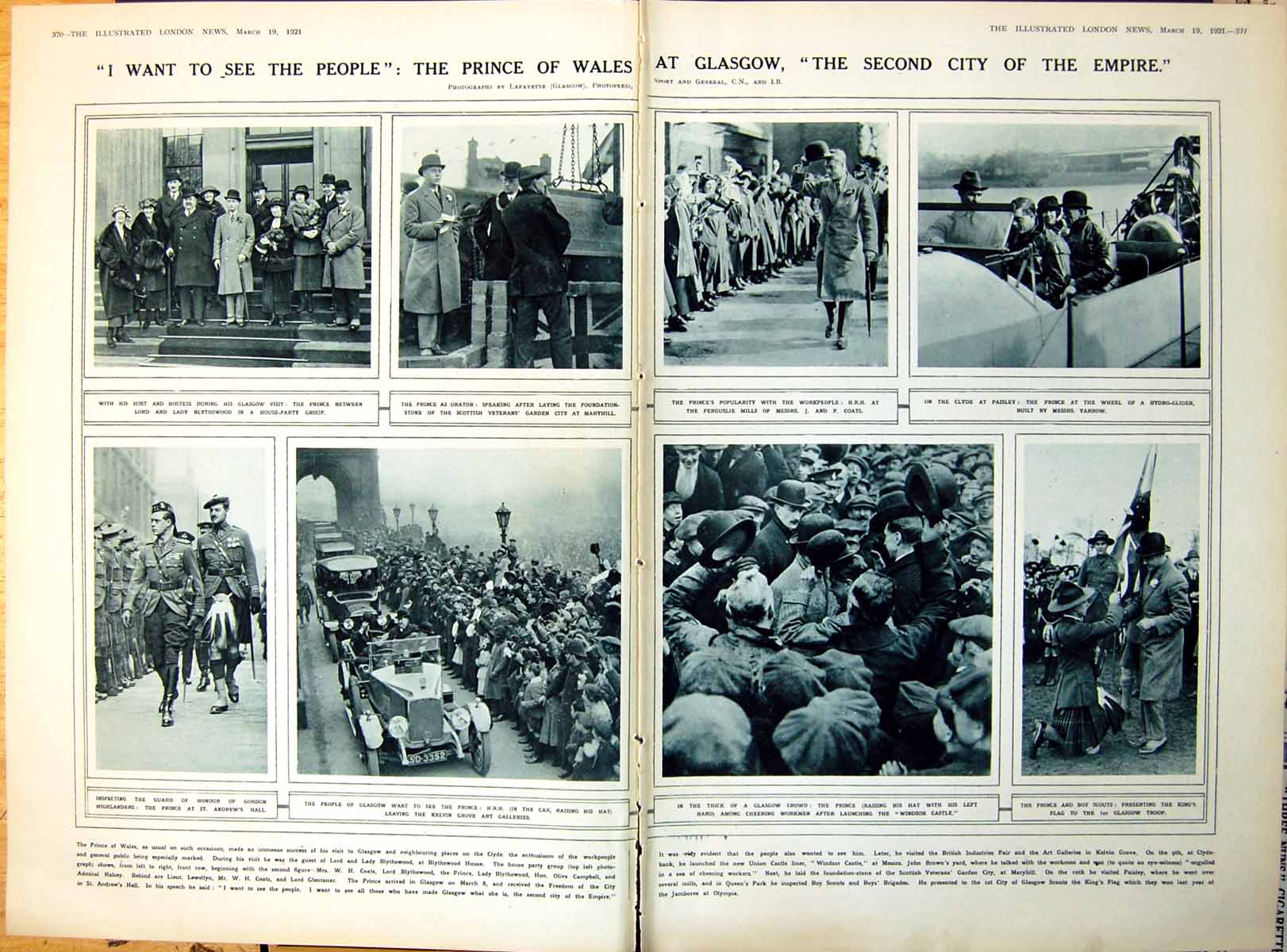 Antique Old Print Damaged Prince Wales Glasgow Clyde Spectators Scouts 1921