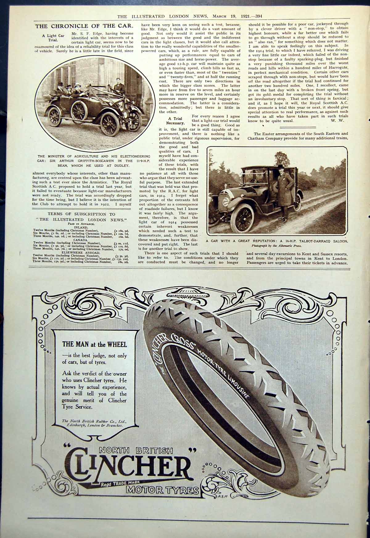 Antique Old Print Talbot Darraco Saloon Minister Agriculture 11.9Hp Bean 1921