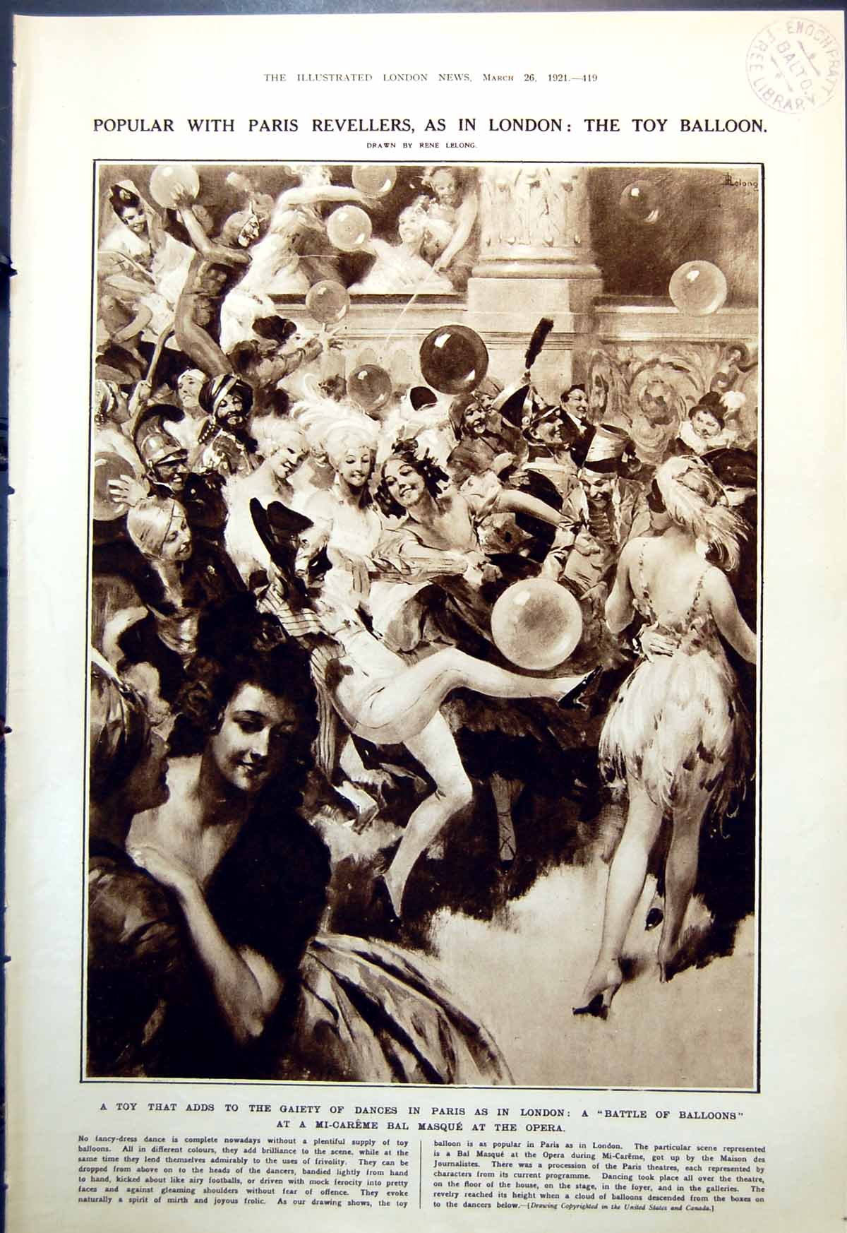 Old Print Popular Paris Revellers Toy Balloon Mi-Careme Ball Masque 1921 20th