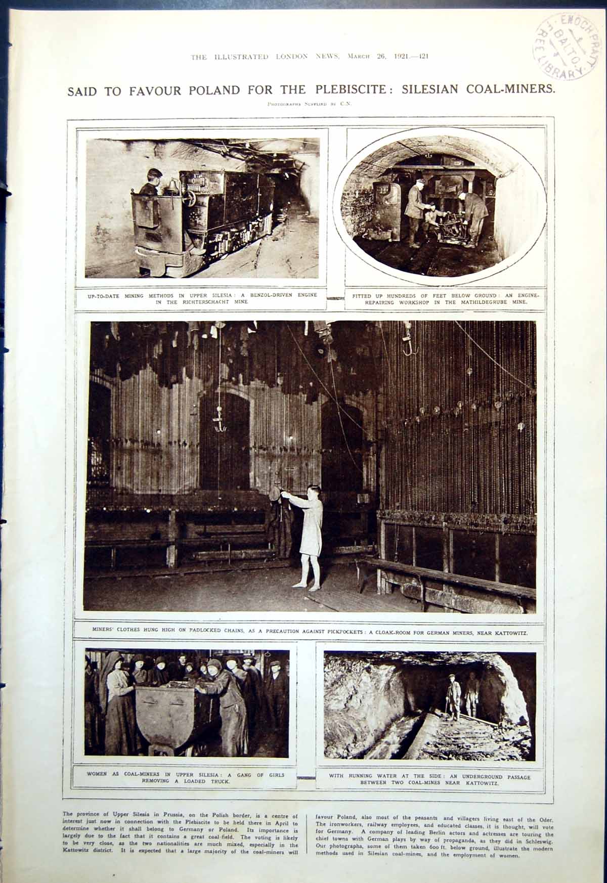 Old Print Upper Silesia Coal-Mining German Miners Cloakroom Costume 1921 20th