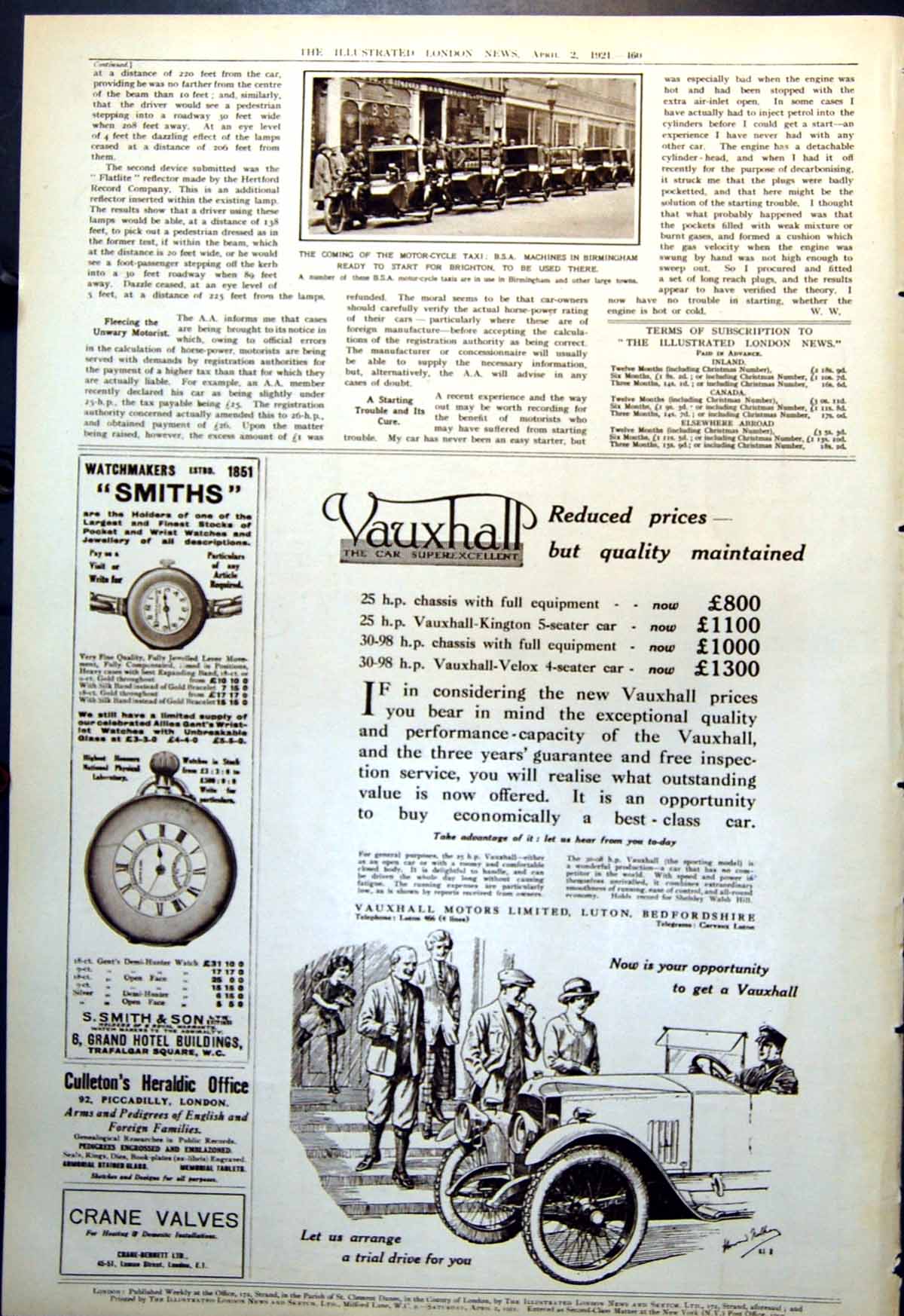 Antique Old Print Motor-Cycle Taxi'S Coming B.S.A. Machines Birmingham 1921