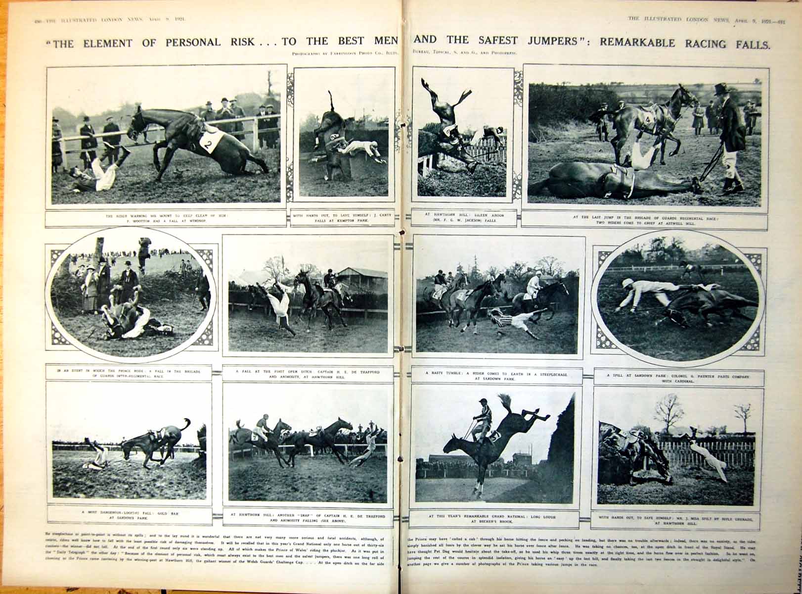 Antique Print Damaged Remarkable Racing Falls Sandown Beechers Brook 1921 20th