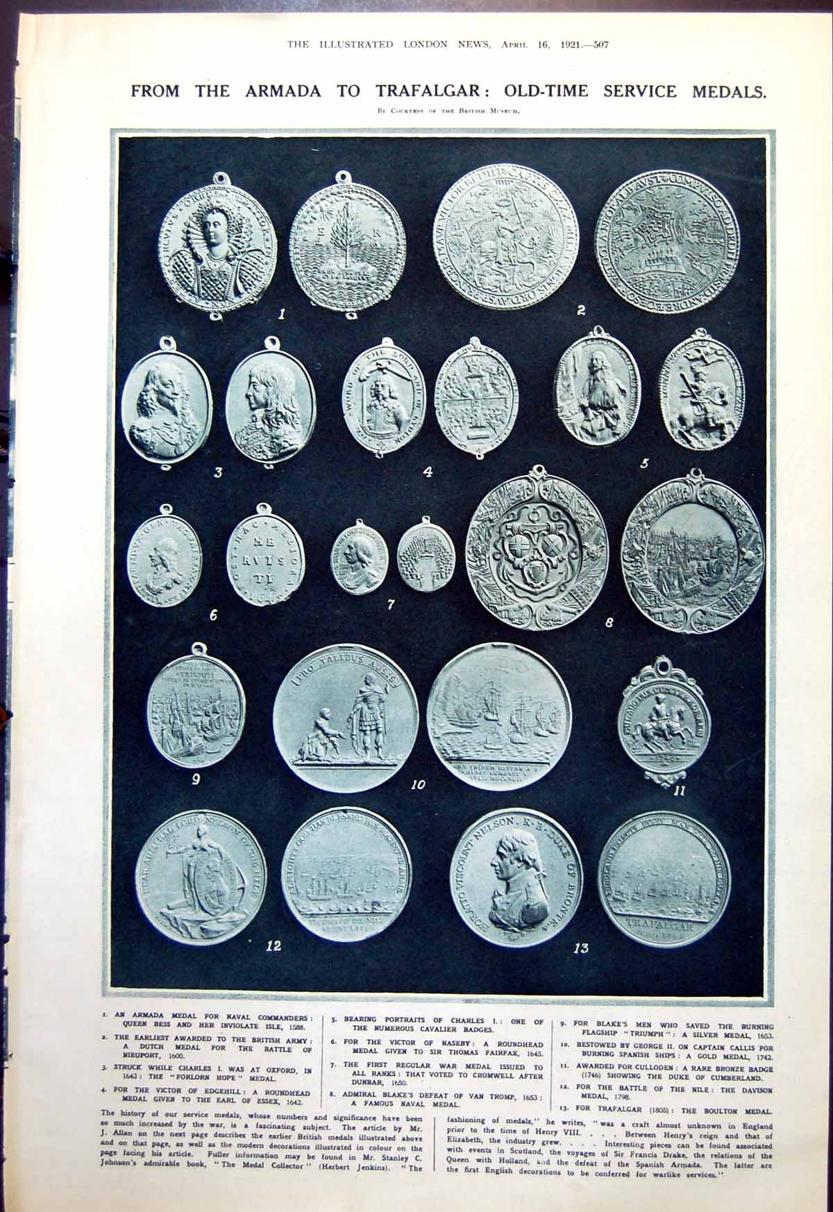 Antique Old Print -Time Service Medals Armada To Trafalgar Great War 1921 20th