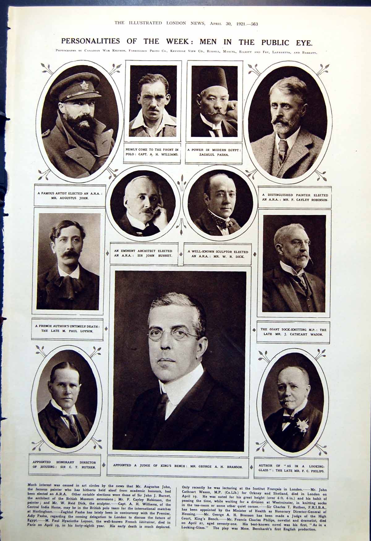 Old Print Men Public Eye Wr Dick Sculptor Zaghlul Pasha Egypt A John 1921 20th