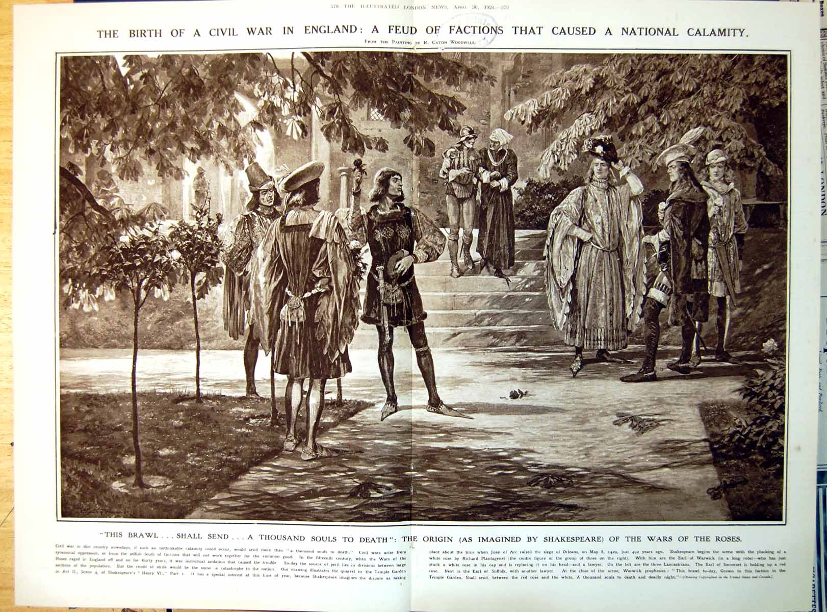 Old Vintage Print Origin War Roses As Imagined By Shakespeare Brawl 1921 20th