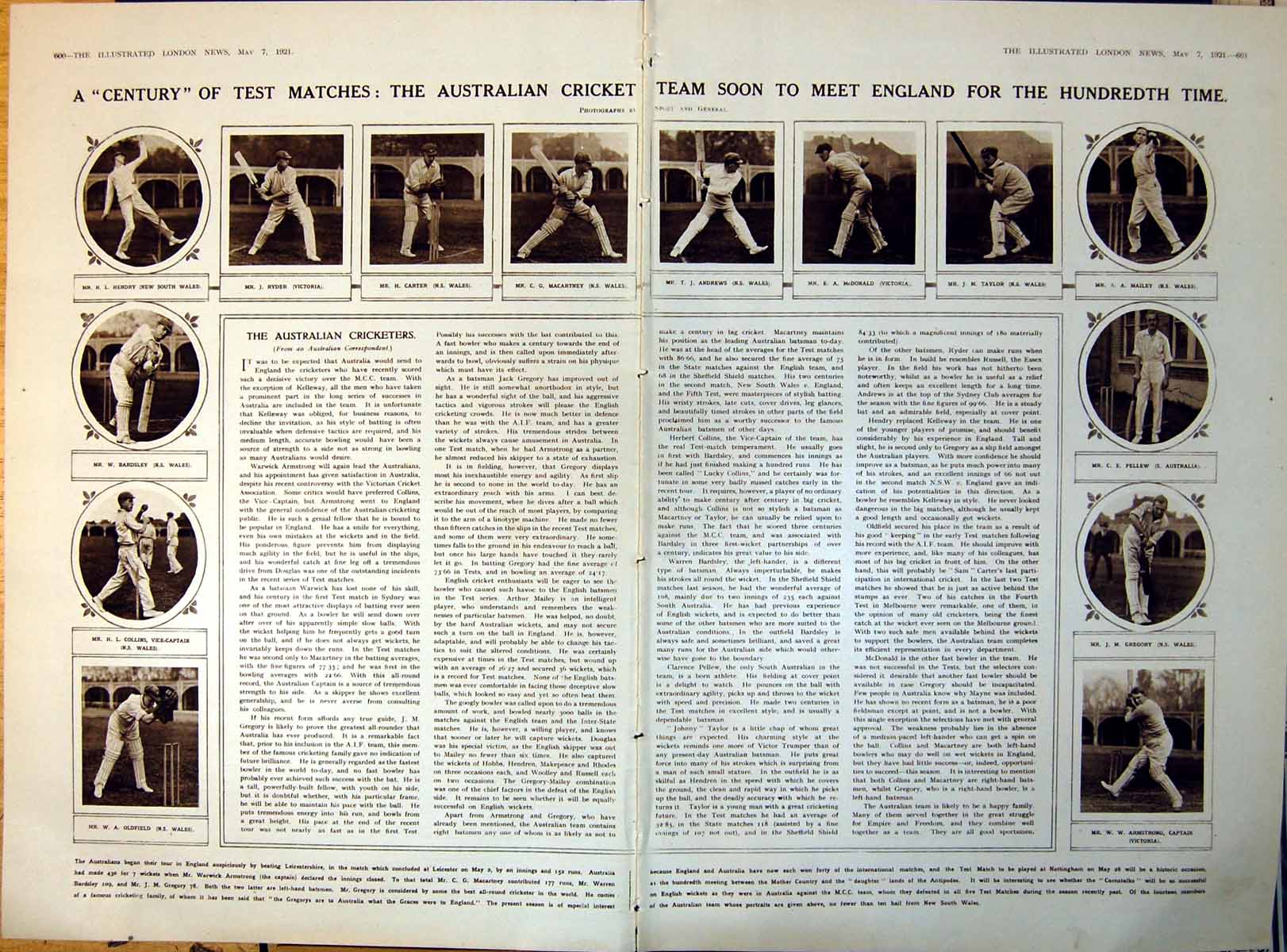 Old Print Damaged Australian Criket Team To Meet England 100Th Time 1921