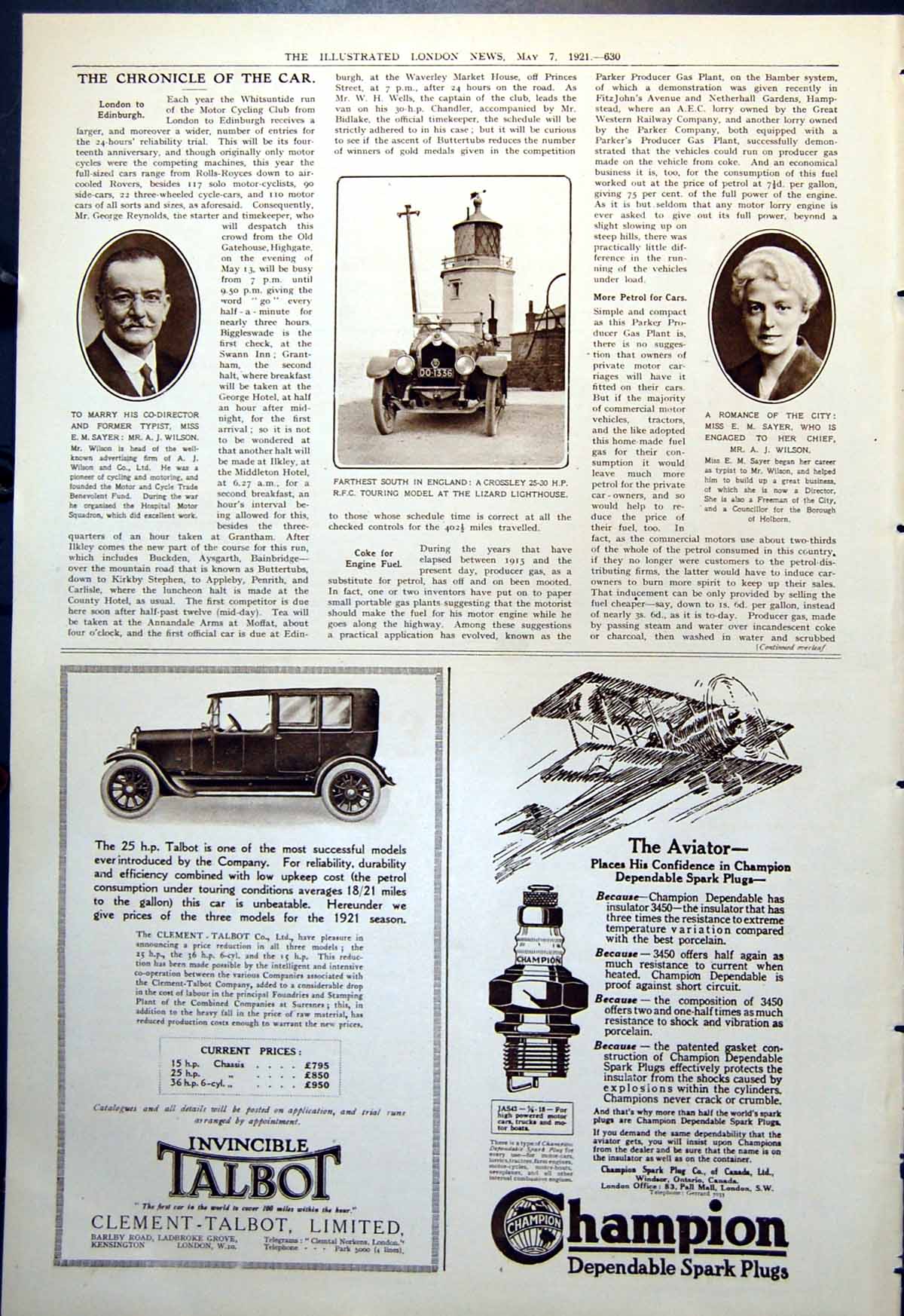 Old Crossley Touring Model Lizard Lighthouse Em Sayer Aj Wilson 1921 20th