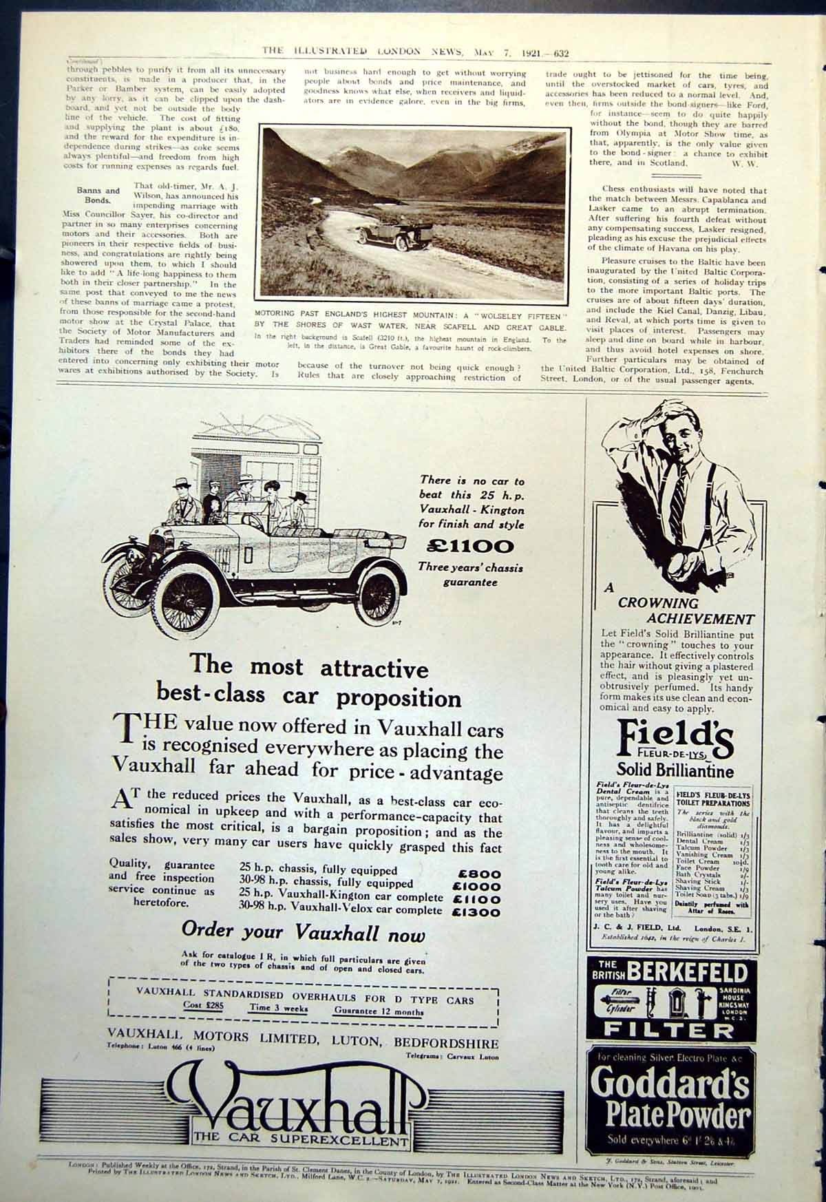 Antique Old Print Wolseley Fifteen Car Wast Water Scafell Great Gable 1921 20th