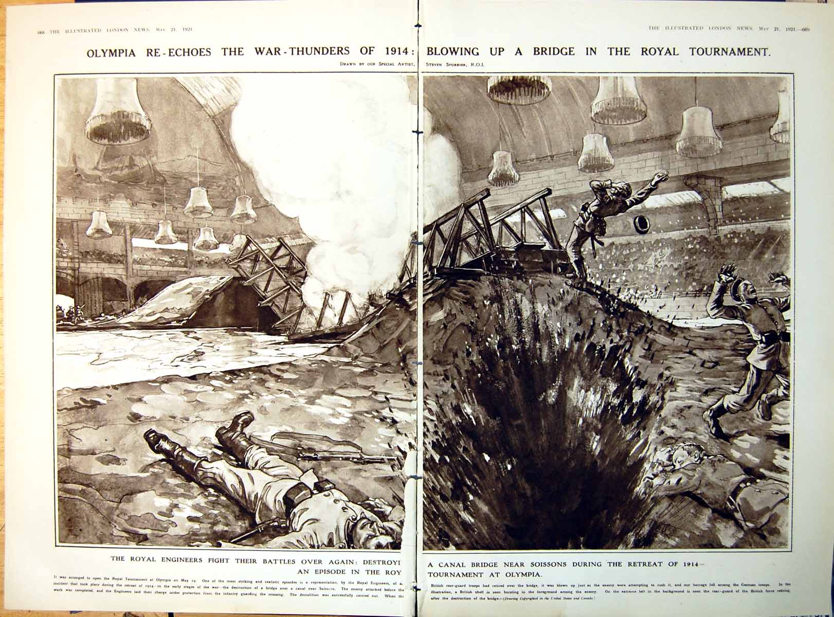 Antique Old Print Damaged Tournament Olympia Re-Enacting Soissons Scene 1921