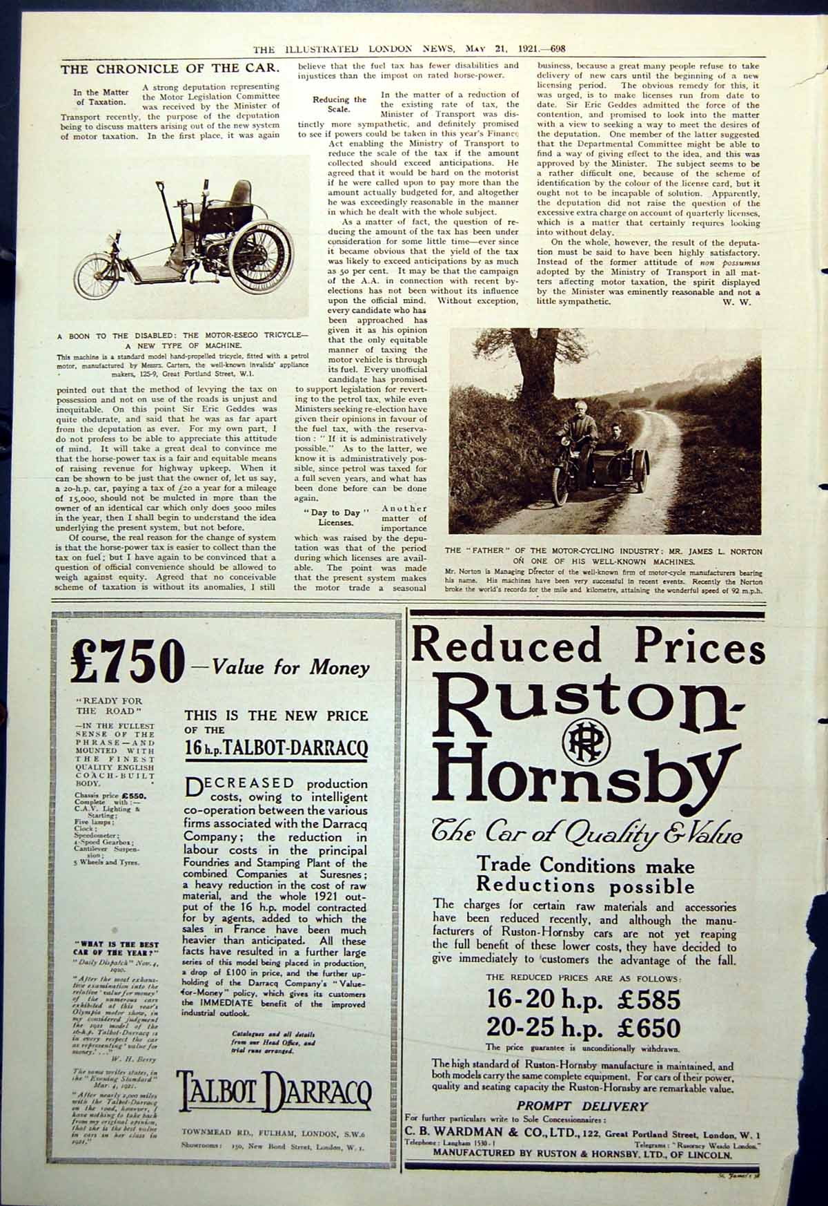 Antique Print Motor-Esegoe Tricycle Disabled James L Norton Motorcycle 1921