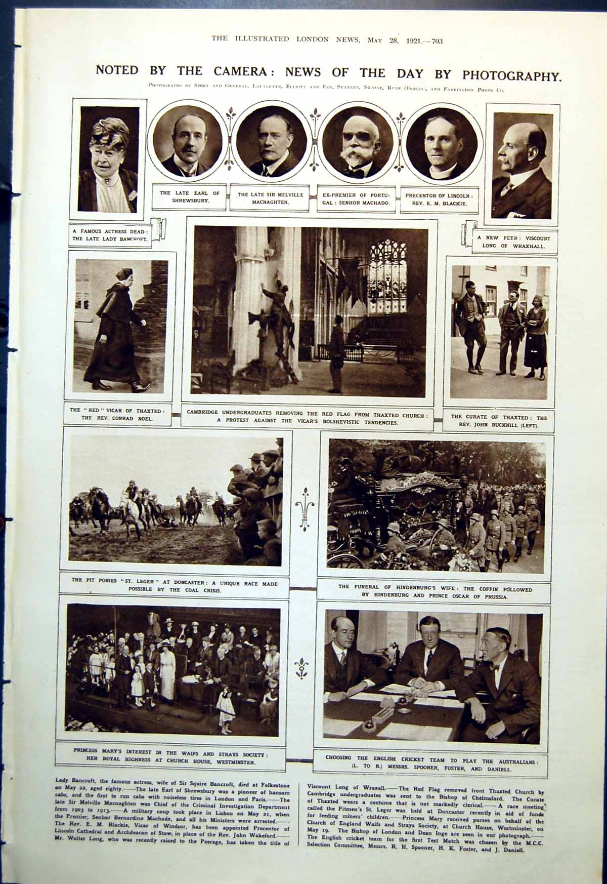 Old Print Funeral Hindenburgs Wife Rev C Noel Events Egypt Ireland 1921 20th